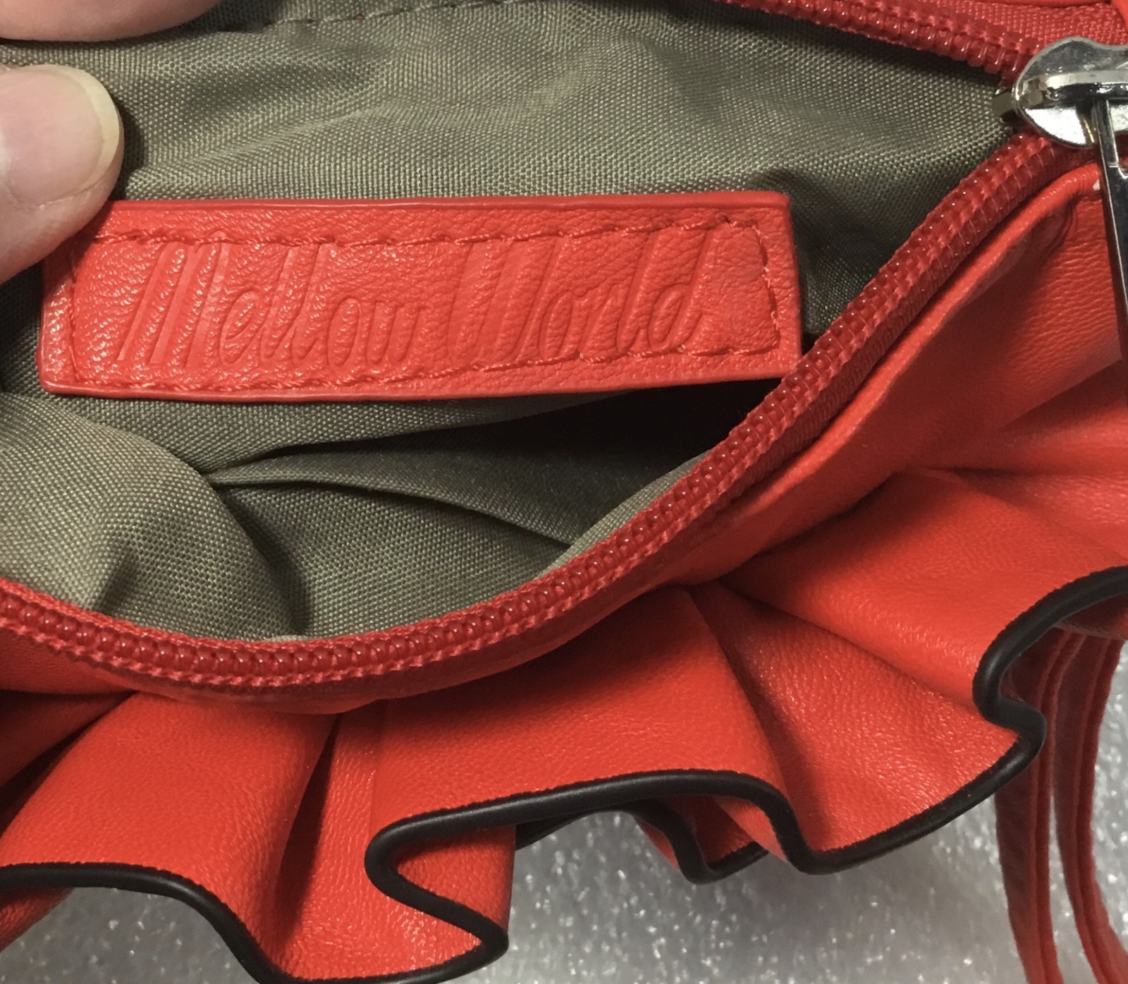 Mellow World crossbody small purse, red rosette black trim, 3 pockets