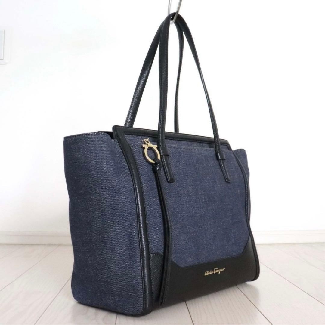 Authentic Salvatore Ferragamo Amy Gancini Denim Leather Tote Bag 30cm x 45cm x 1