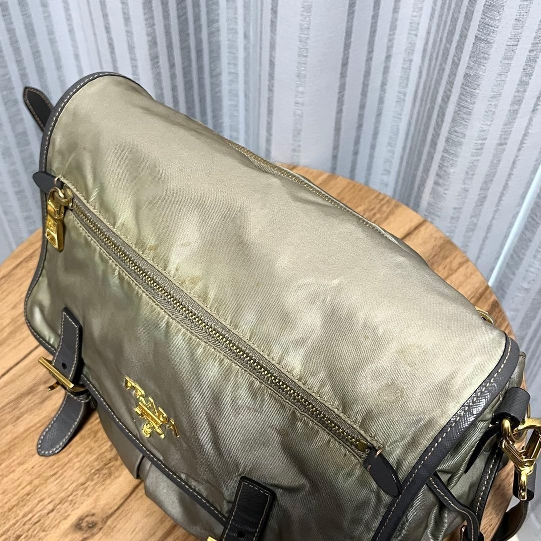 Auth PRADA Nylon Shoulder Messenger Bag Buckle Khaki Zipper Flap Logo Women’s
