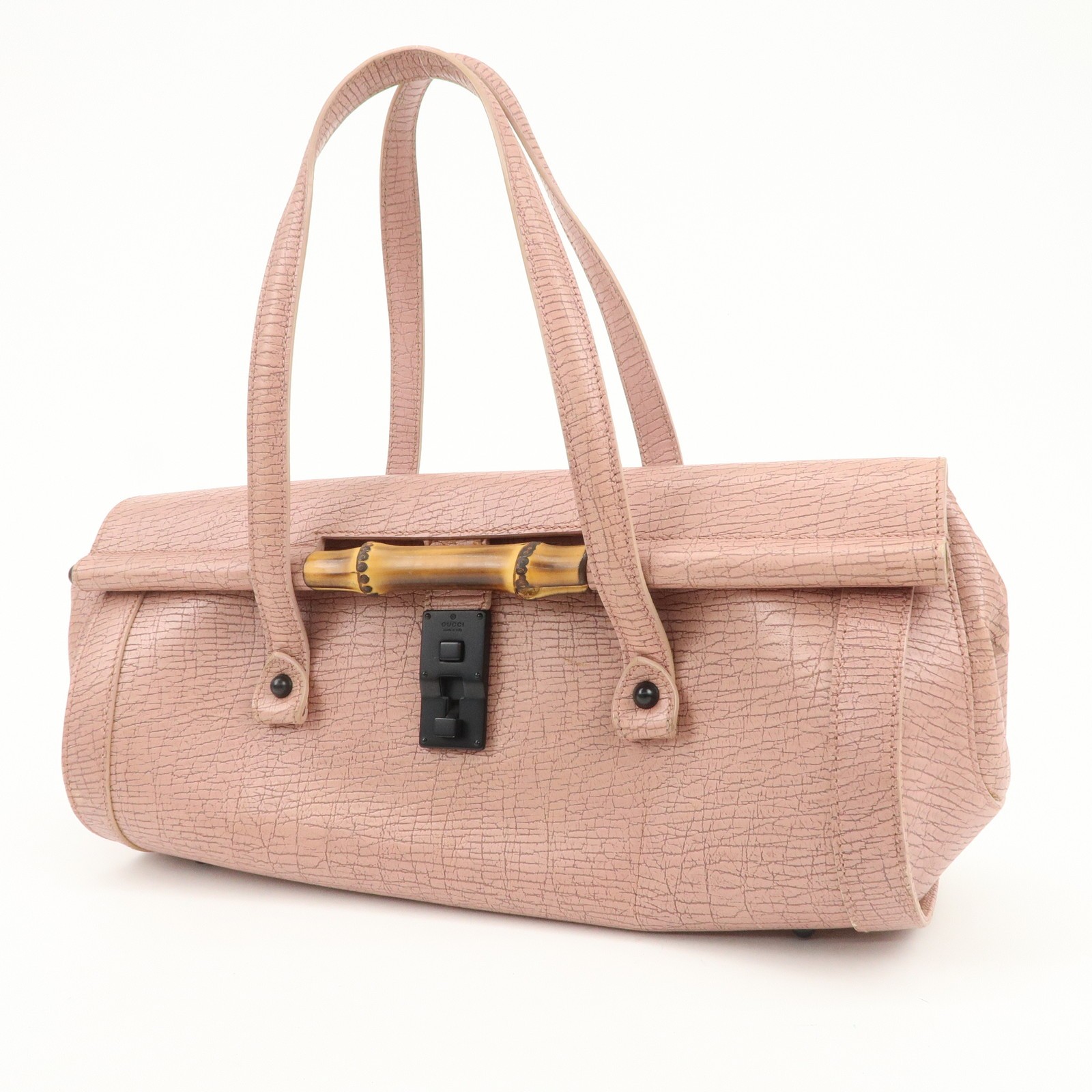 GUCCI Bamboo Embossed Leather Shoulder Bag Hand Bag Pink 111715 Auth Used F/S