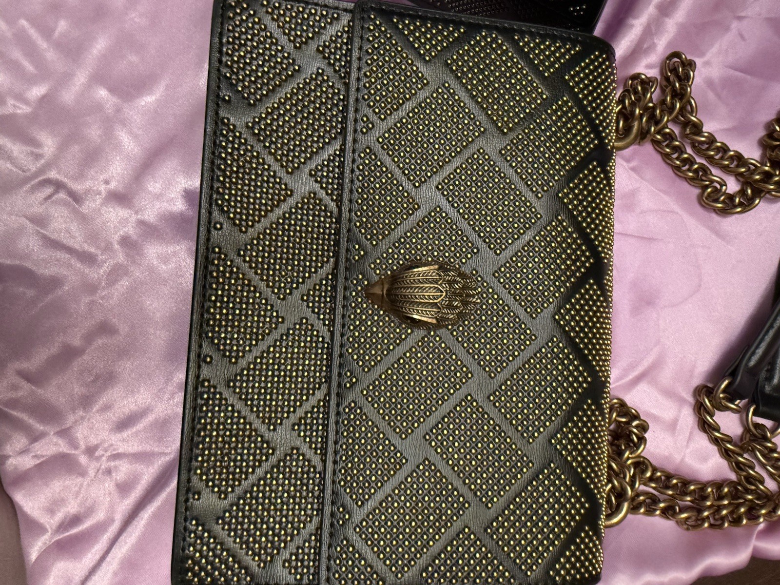 Kurt Geiger Shoreditch Cross Body, Black Leather, Gold Studded, Brass Eagle NWOT