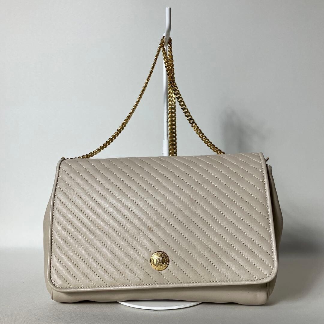 CELINE Triomphe Greige Leather Shoulder Bag Chain Strap Gold Hardware Authentic