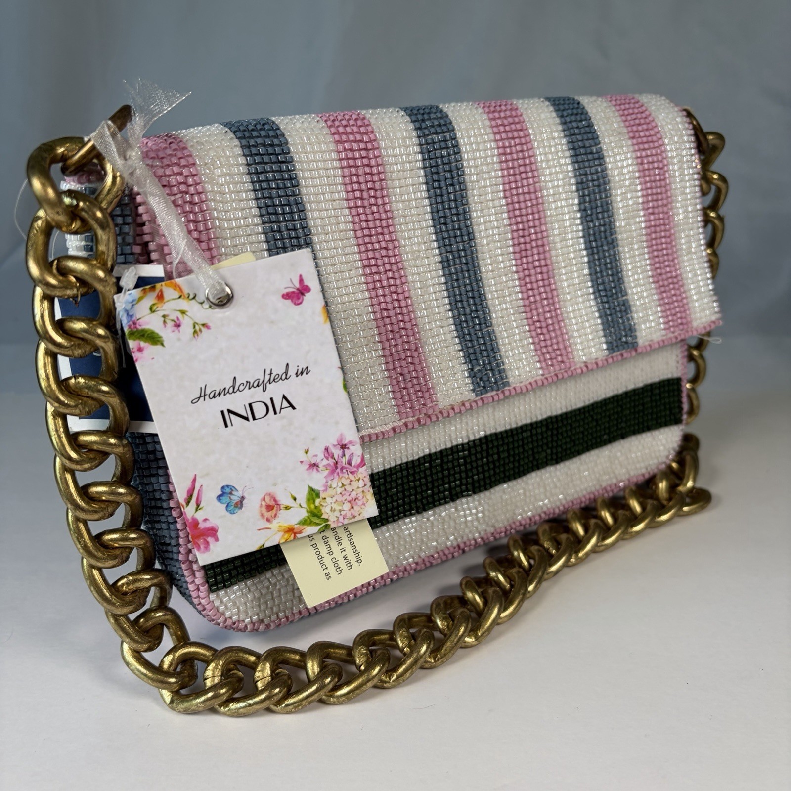 Beaded Bag Stripe Blue Pink White Chunky Gold Chain Made India Purse