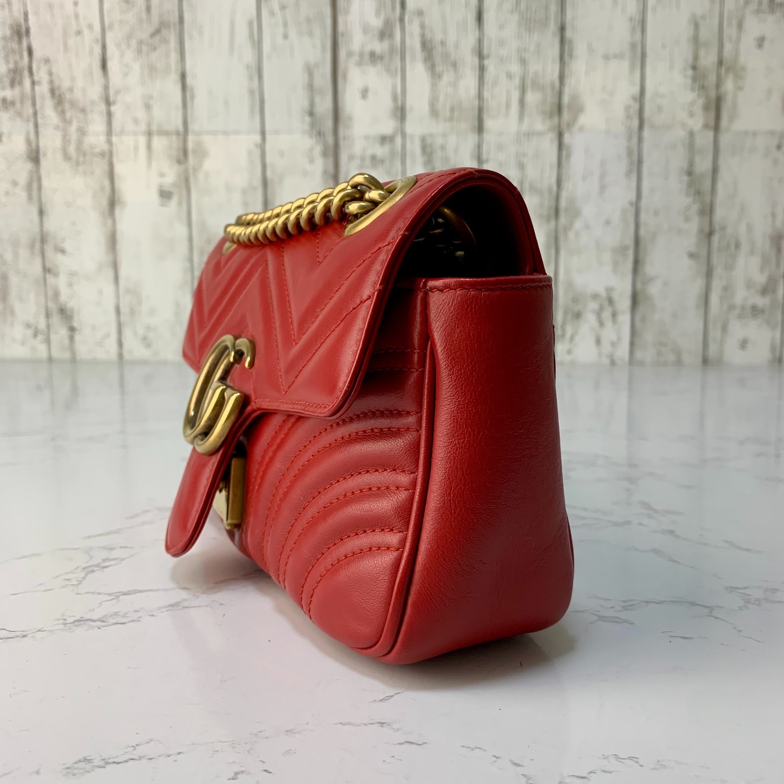 GUCCI GG Marmont Quilting Small Crossbody Shoulder Bag Red Auth【Condition:S】