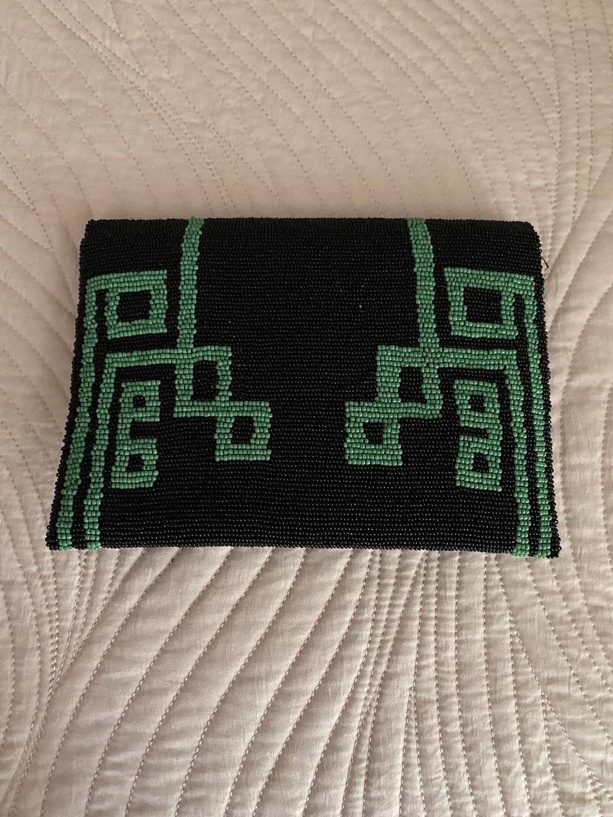 Vintage Hand Beaded Envelope Clutch Purse Black & Mint Green Geometric Tassel