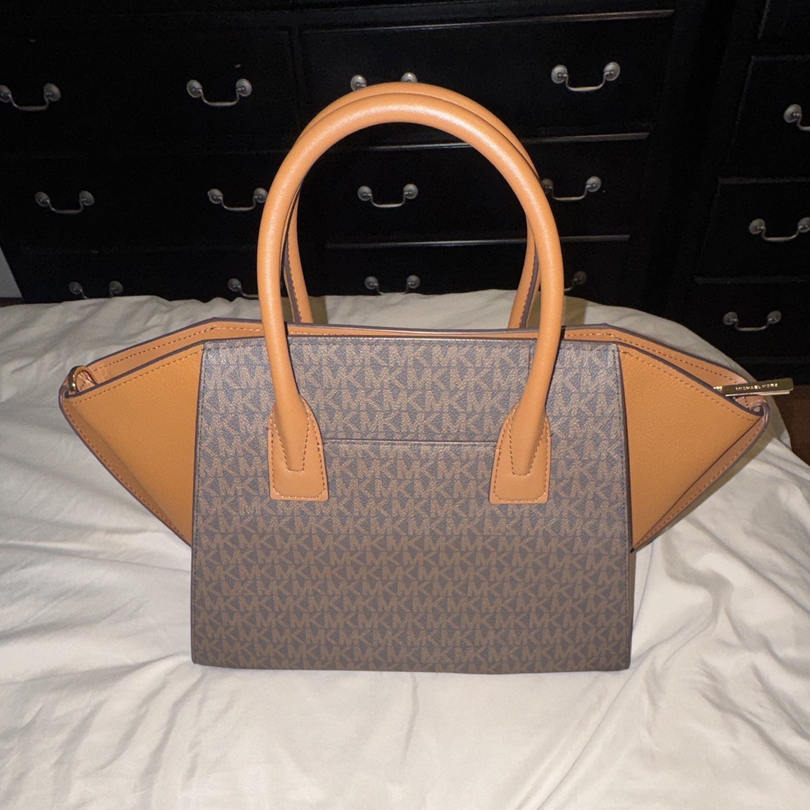 Michael Kors MK Monogram Satchel Top Handle Zip Bag Brown/Tan Detachable Strap