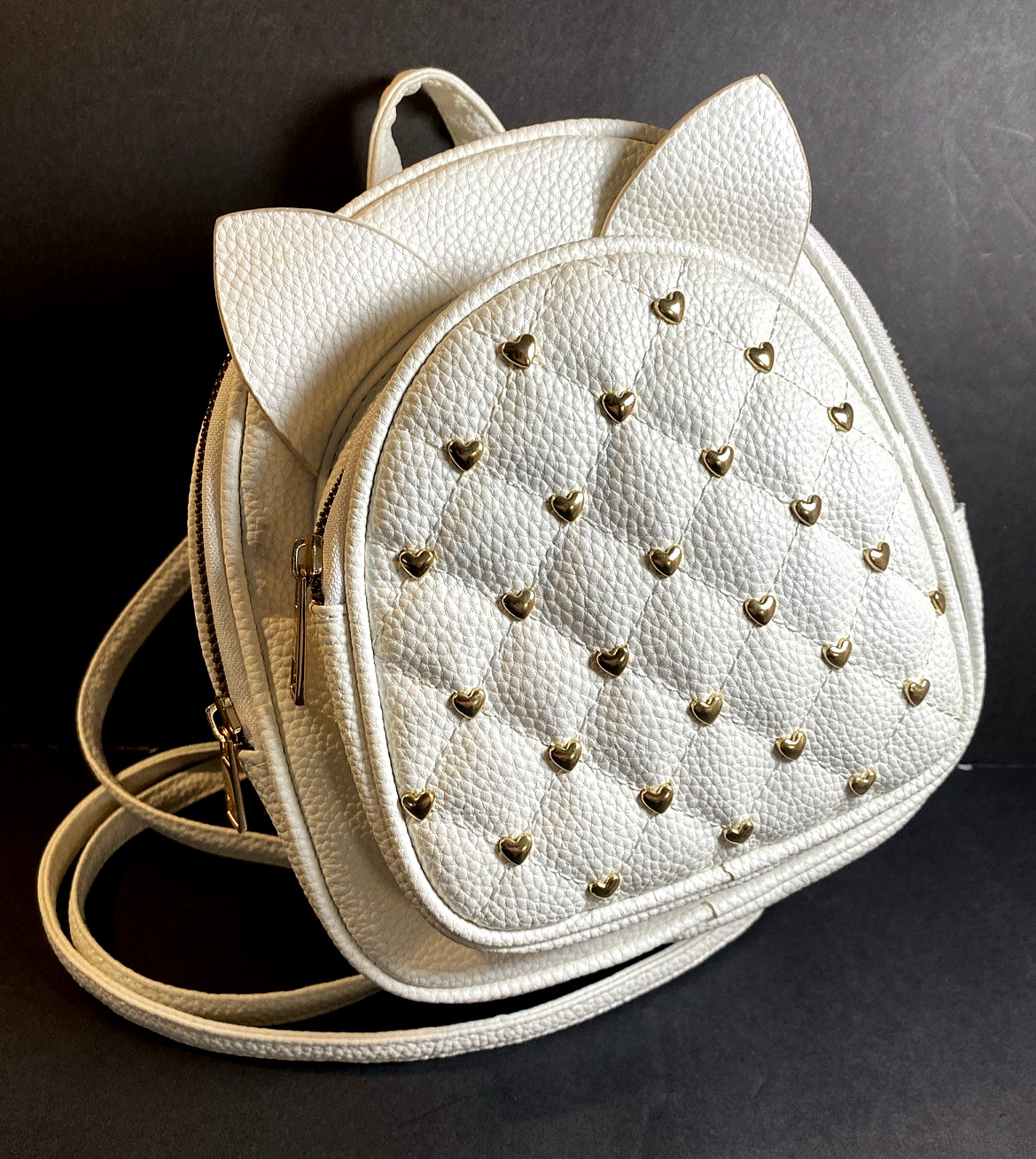 Under One Sky Mini Backpack White Cat Ears Gold Tone Hearts Faux Pebbled Leather