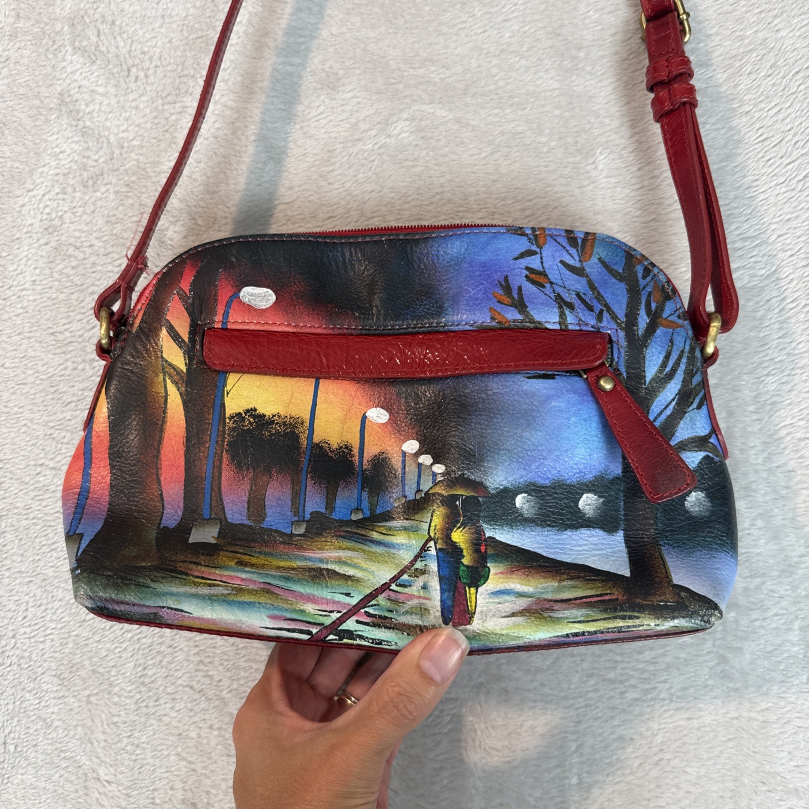 Sharif Hand Painted Leather Handbag Purse Japan Scene Boho Cottage Coastal Art