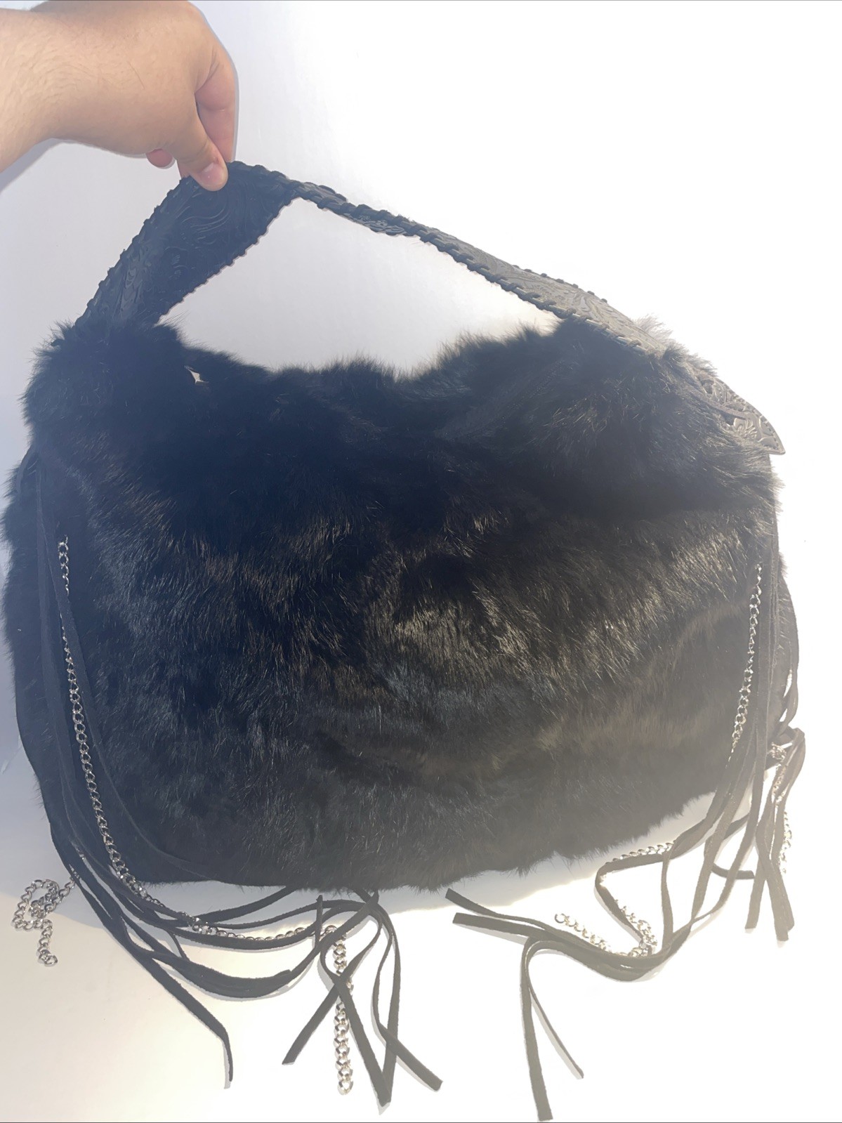 Black Faux Fur No Brand Shoulder Bag With Chains and leather detailed straps