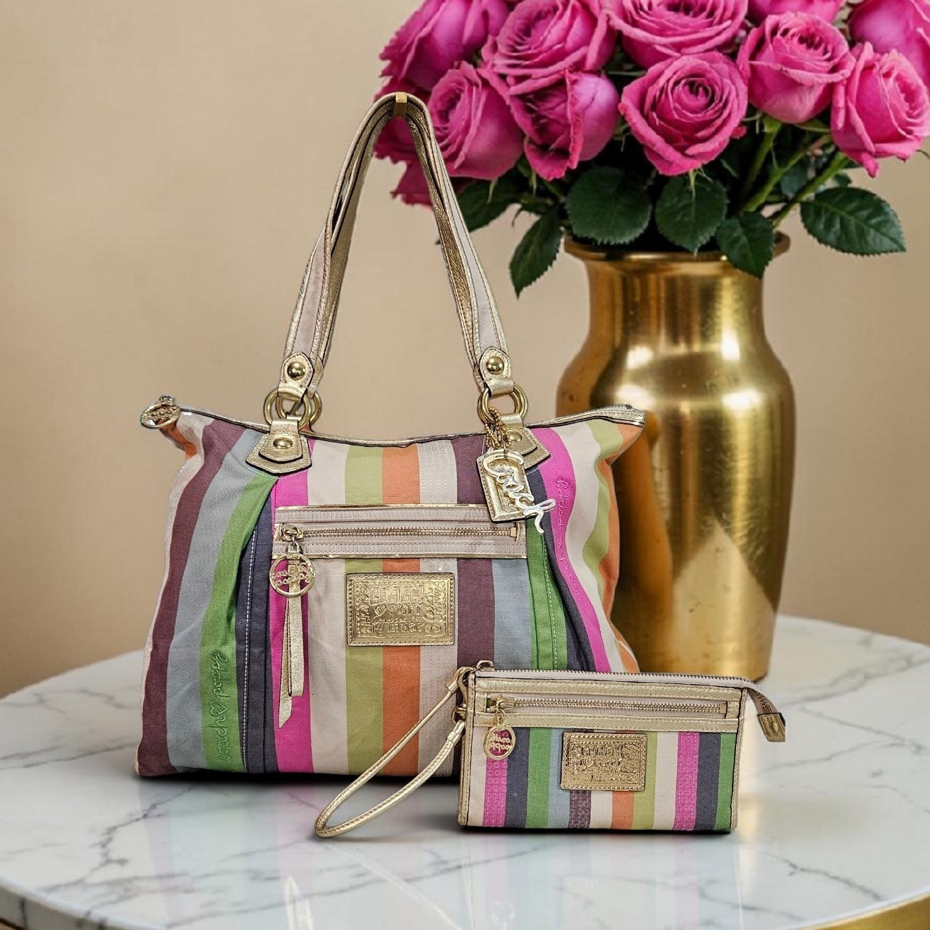 Coach POPPY LEGACY Striped 2010 Large Shoulder Bag w/Matching Wristlet