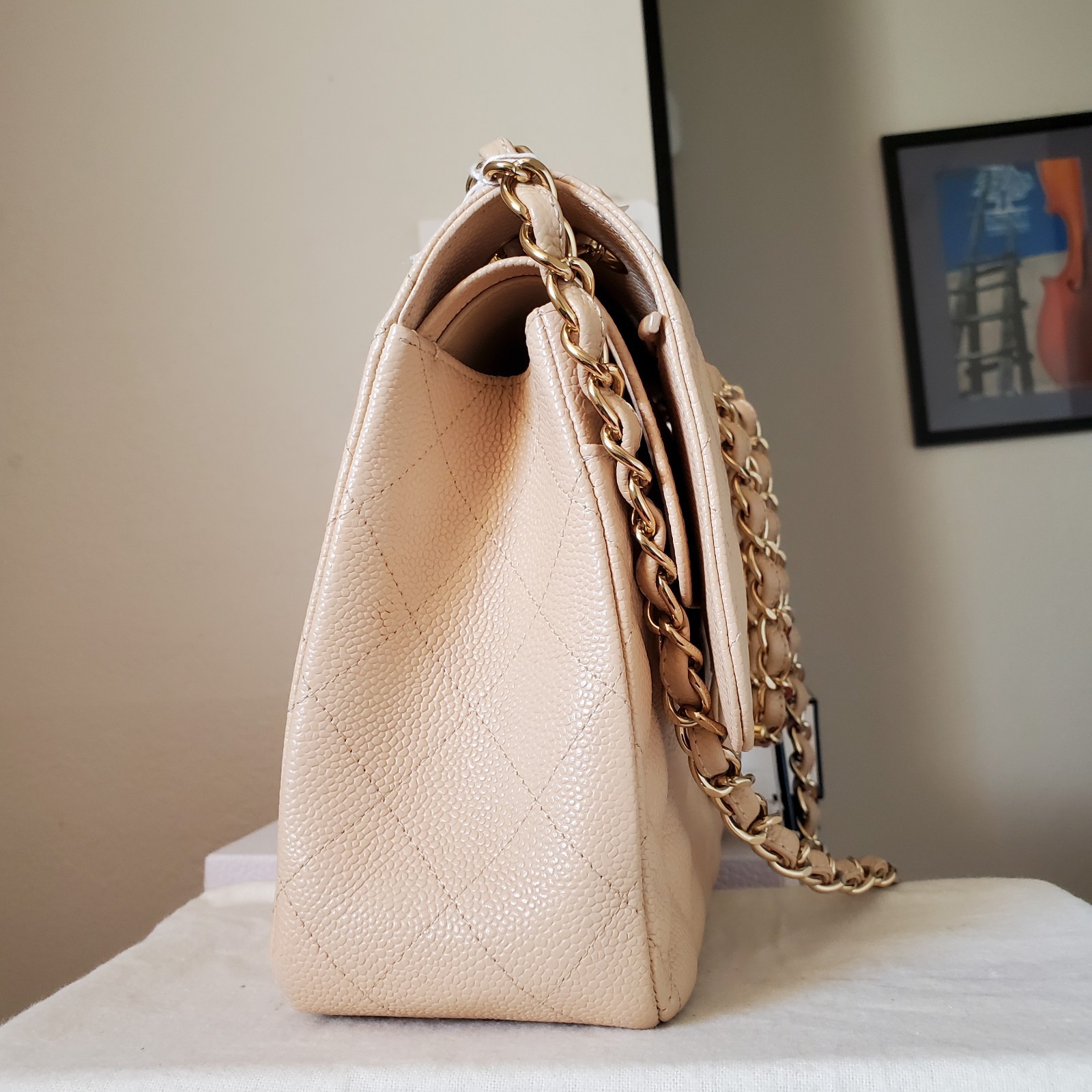 $12,600 CHANEL Classic Beige Ca viar Gold hw Jumbo double Flap Bag Serial 18
