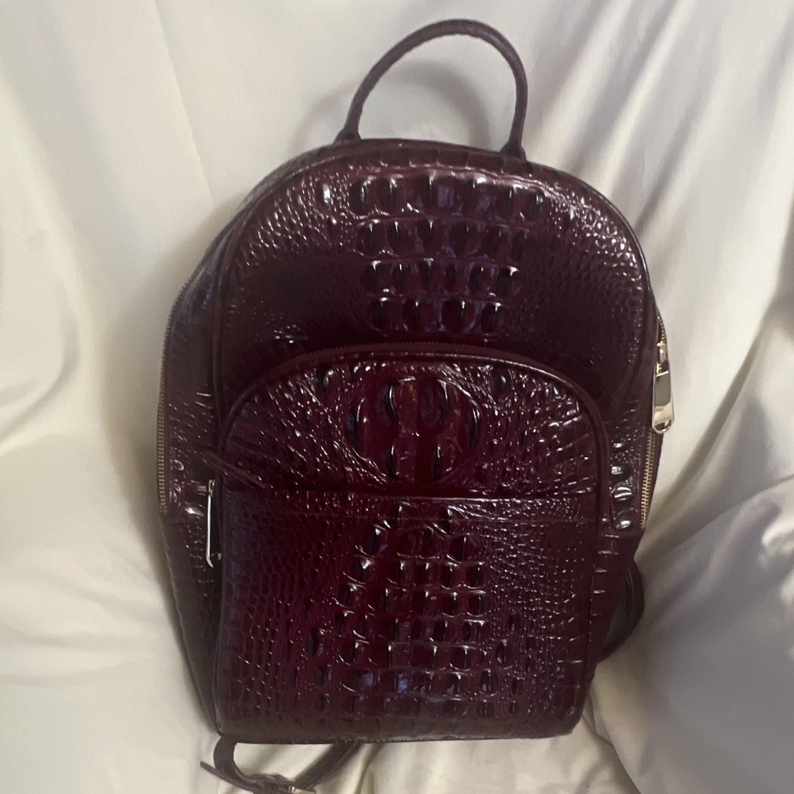 Brahmin Burgundy Embossed Backpack Zip Closure Gold Hardware Detachable Strap