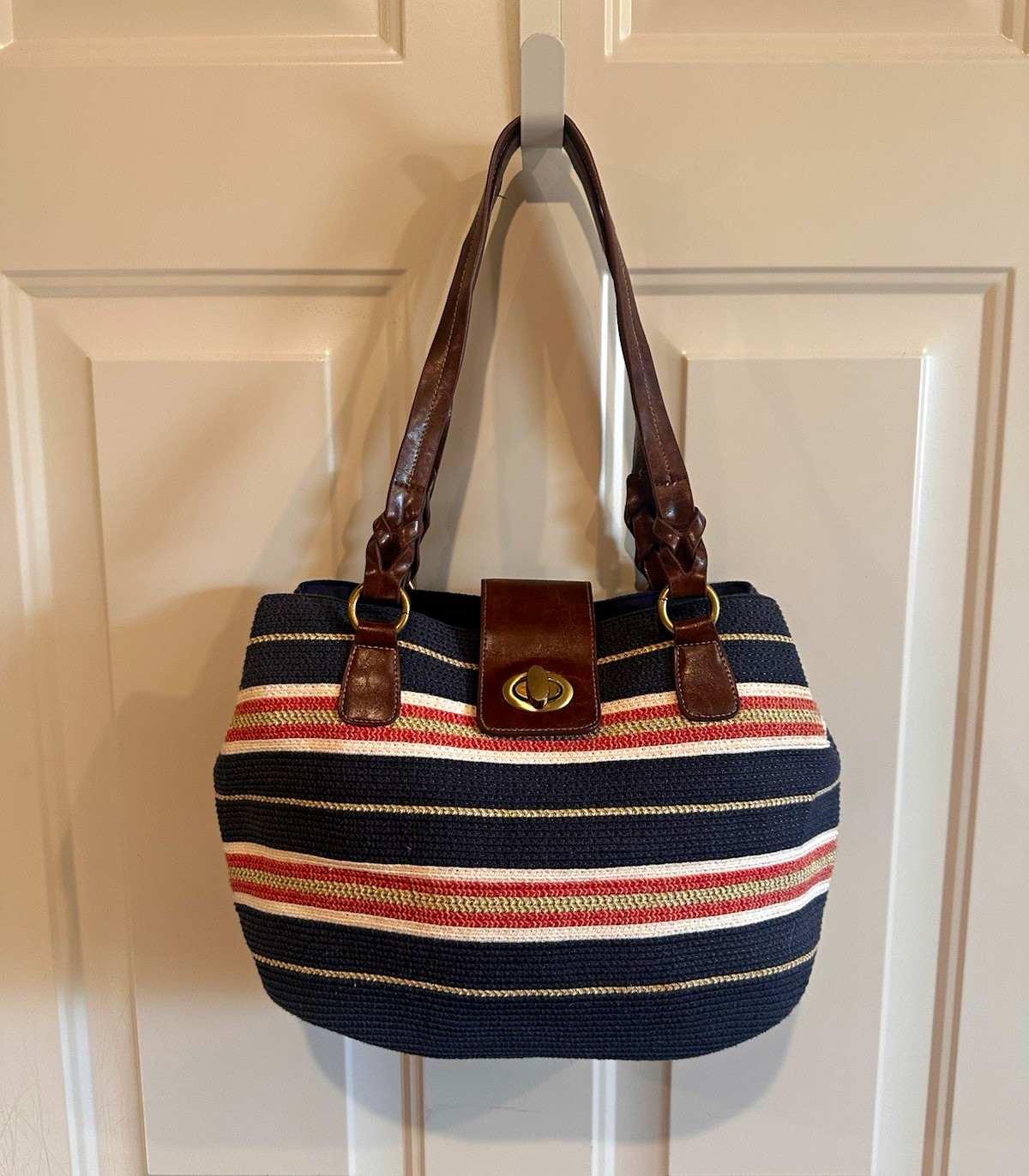 Croft & Barrow Tote Bag Navy Red Beige w/ Brown Trim Double Handles Turn-Lock