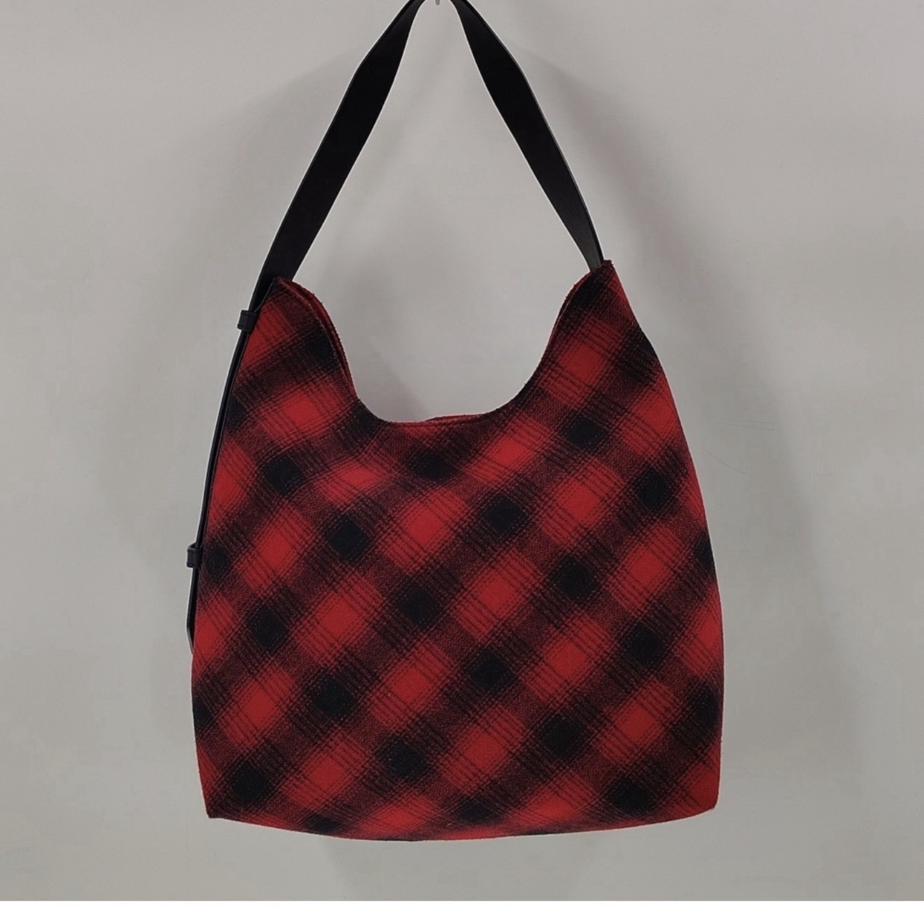 J Jill Shoulder Bag Black Red Buffalo Plaid WOOL Blend Hobo Leather Strap Purse