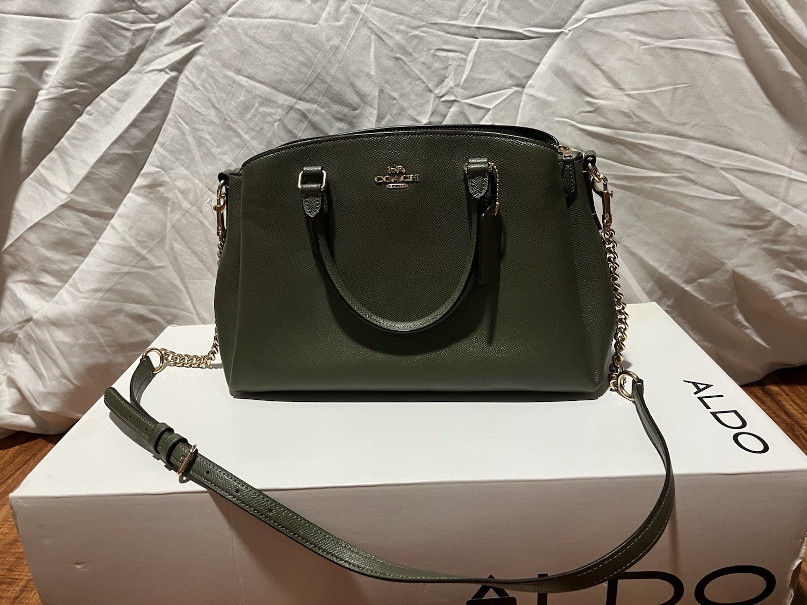 Coach Green Pebbled Satchel Top Handle Zip w/ Chain & Detachable Strap
