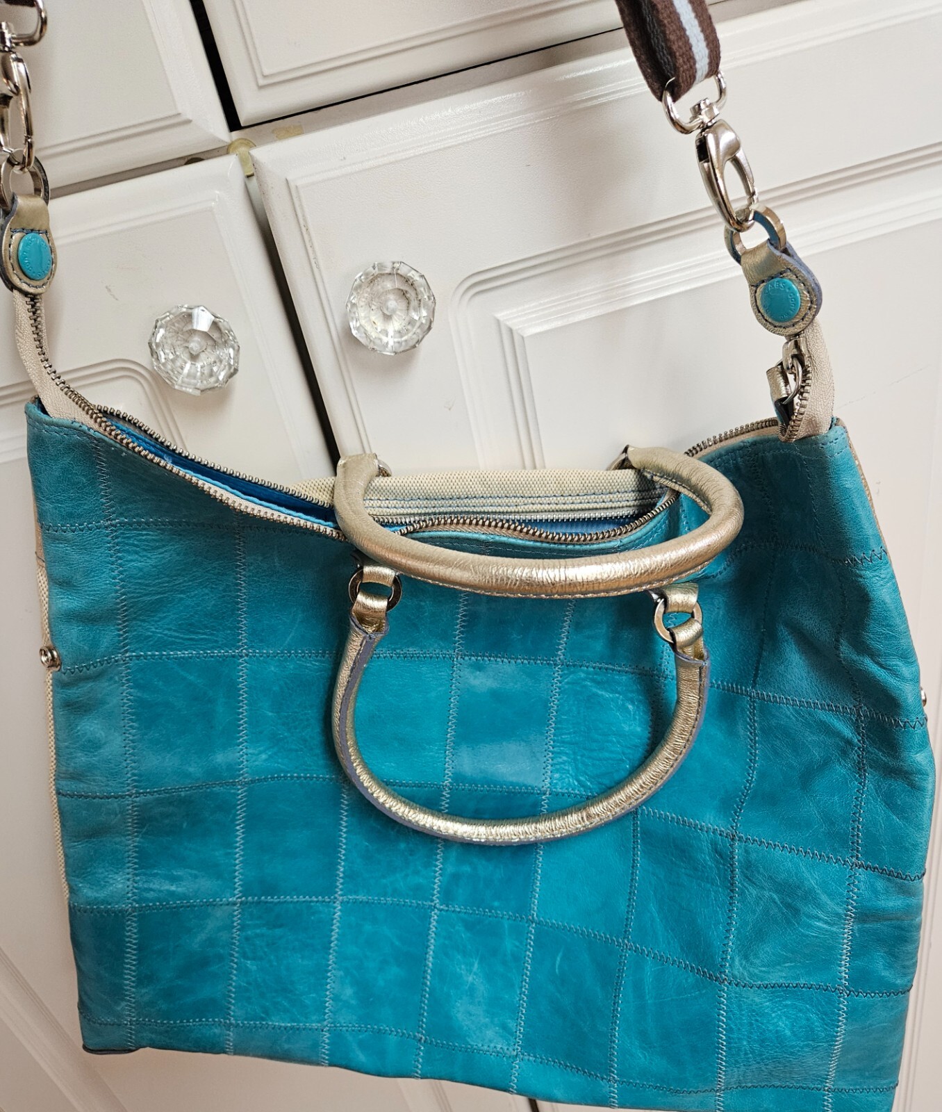 GABS Aqua Teal/Turquoise Leather Patchwork Convertible Bag