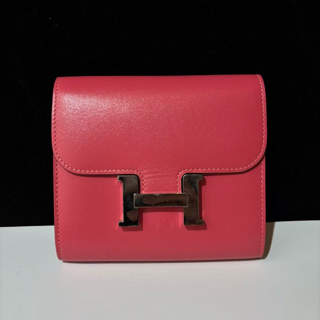 Hermès Constance Compact Rose Swift Leather Short Wallet Silver Hardware Auth