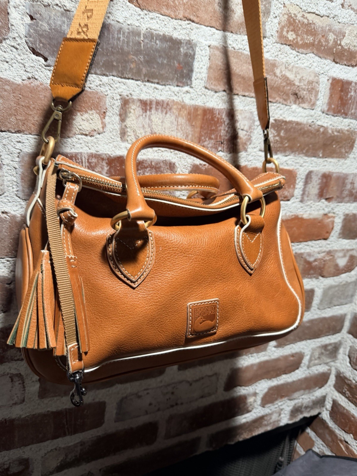 Dooney & Bourke Florentine Leather Satchel Cognac Tassel Crossbody Bag EUC