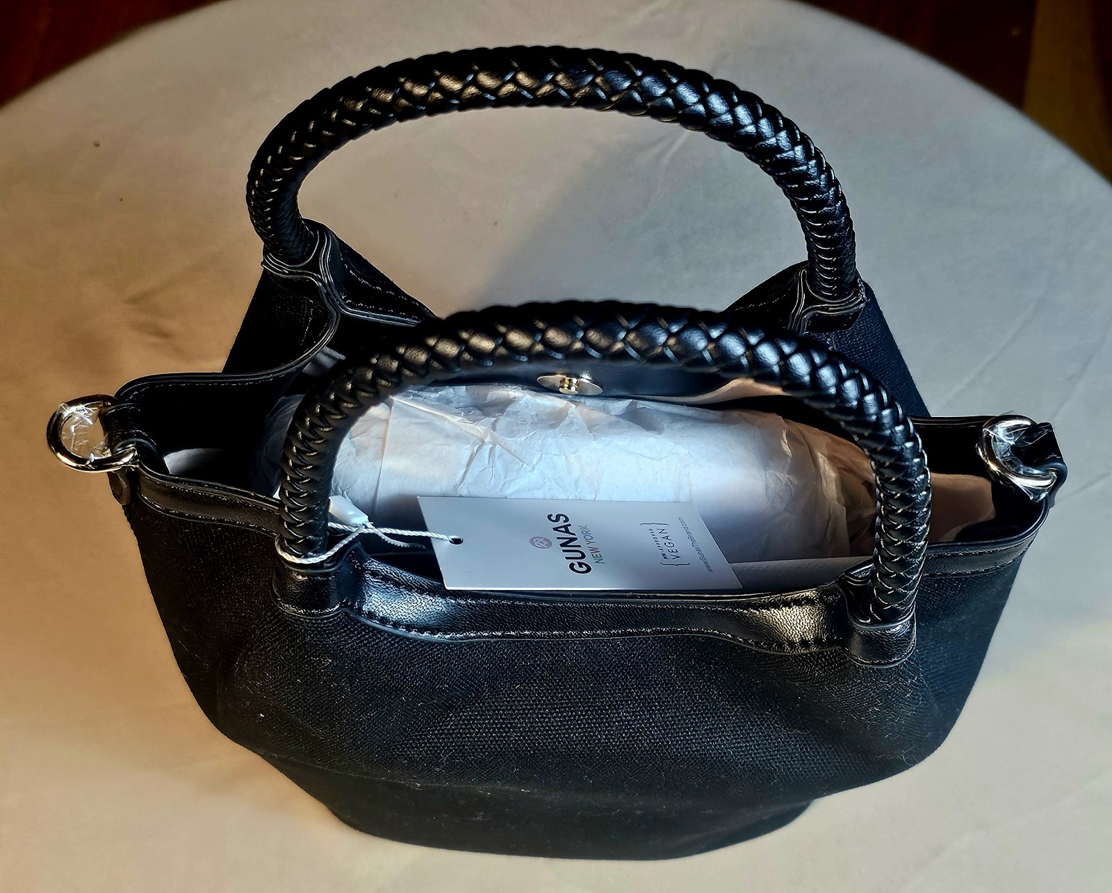 NWT GUNAS New York Ruth Canvas Mini Satchel Crossbody Bag Black Vegan Tote