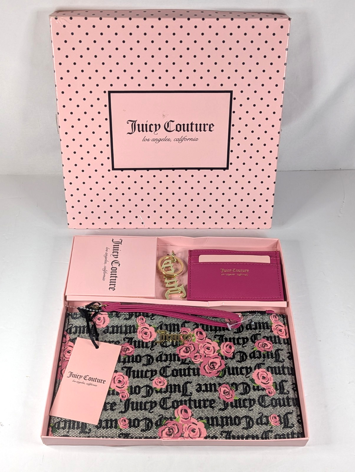 JUICY COUTURE 3 PC Gift Set: Wristlet Card Wallet Keychain New In Box