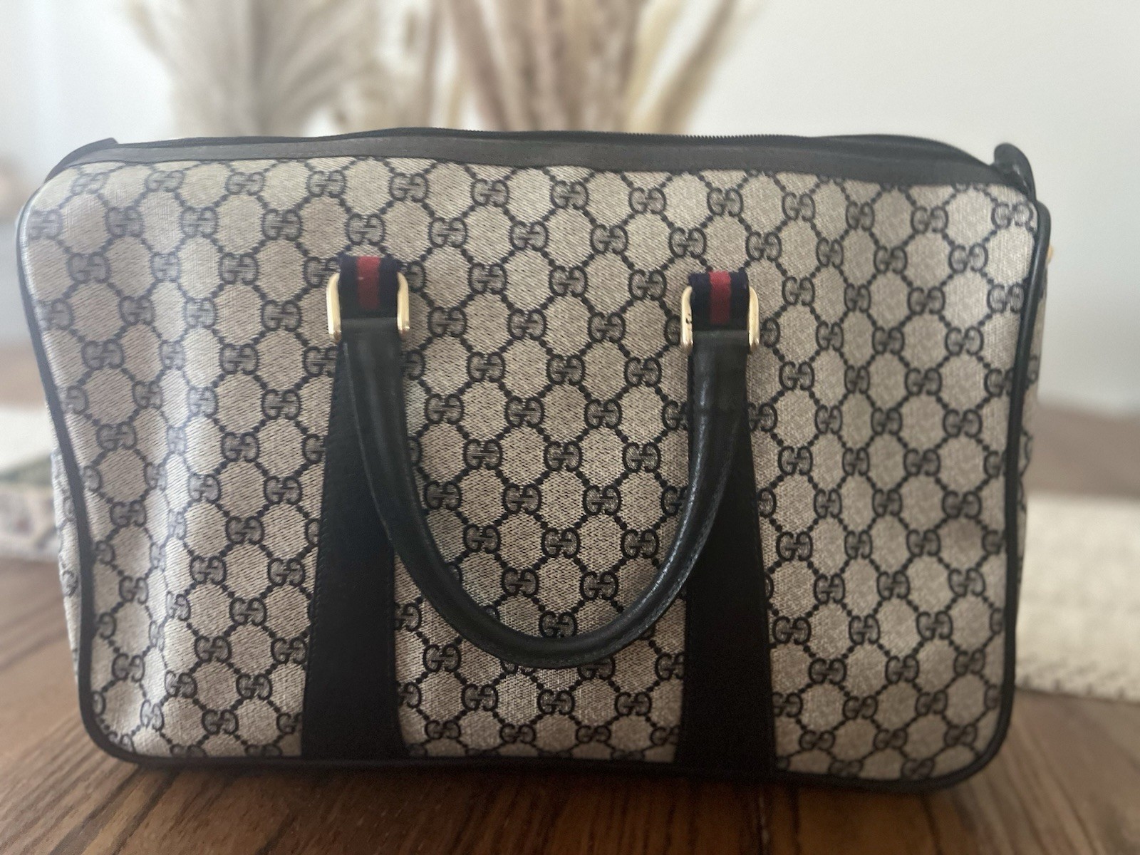 Gucci Joy Black Strap Boston Bag Medium Brown Canvas