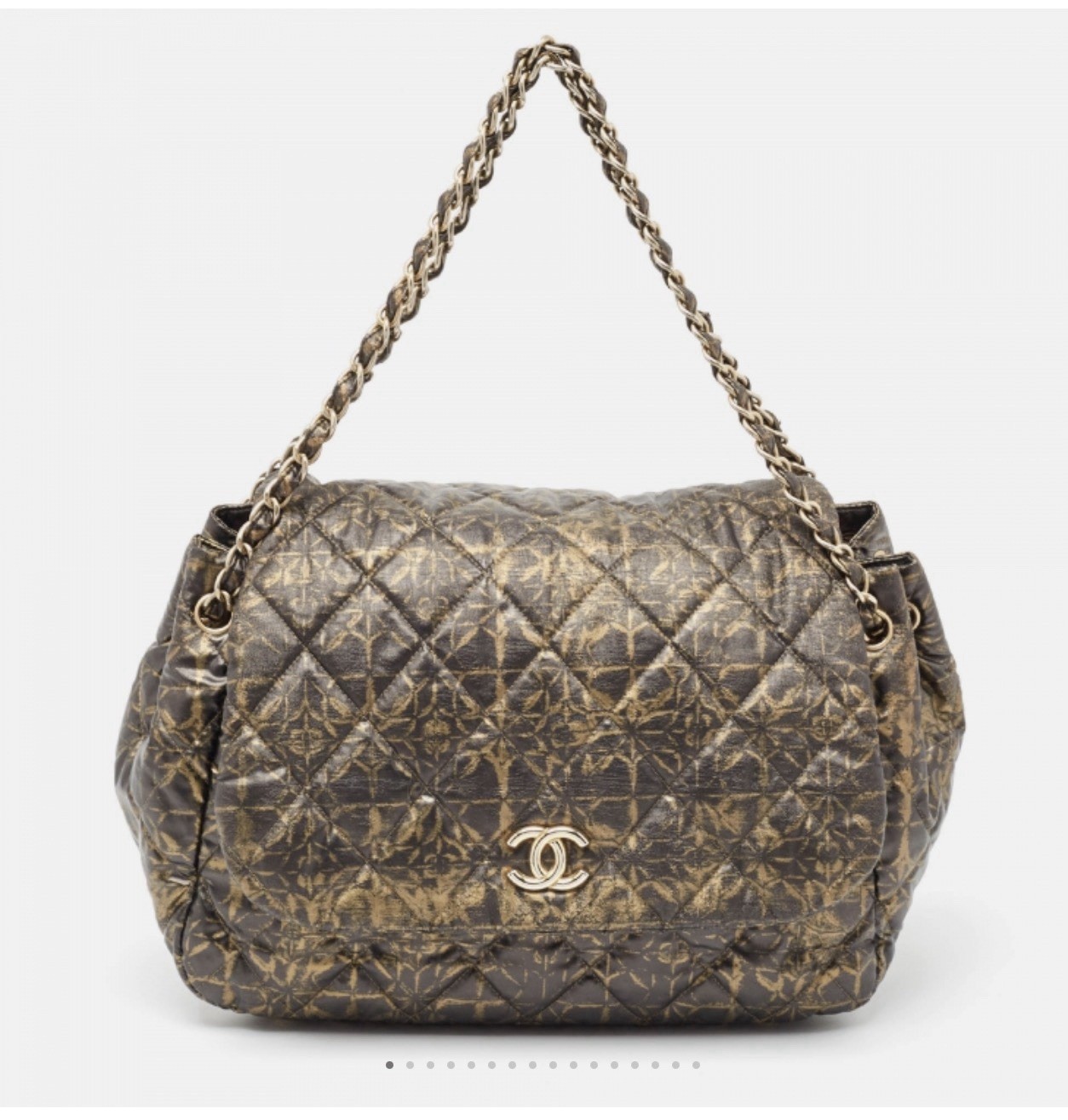 Chanel RARE Vintage Black Gold Quilted Printed Coated Fabric Accordion Flap Bag