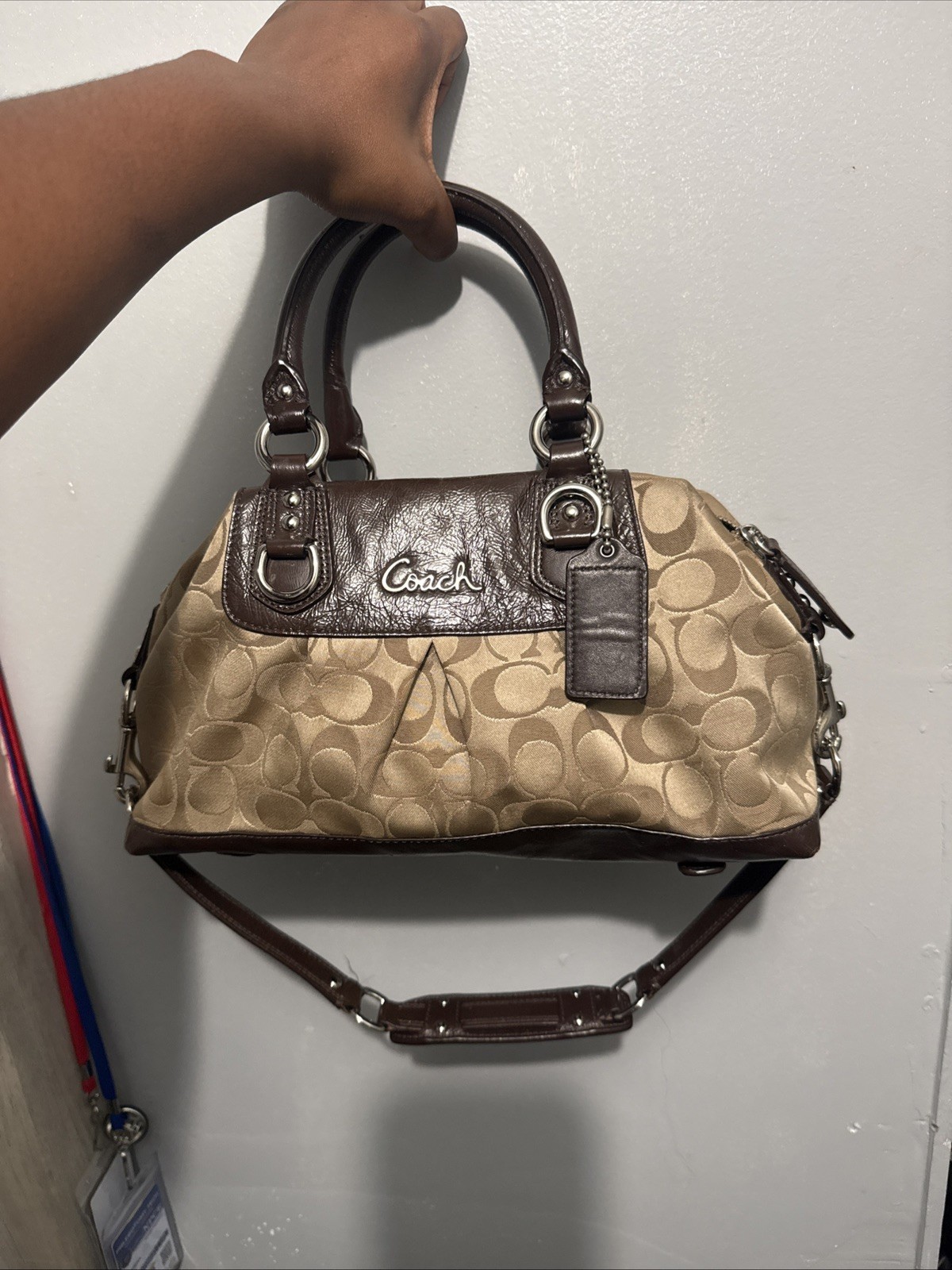 COACH ASHLEY SIGNATURE KHAKI+ MAHOGANY LOGO SATCHEL HANDBAG CONVERTIBLE 2way