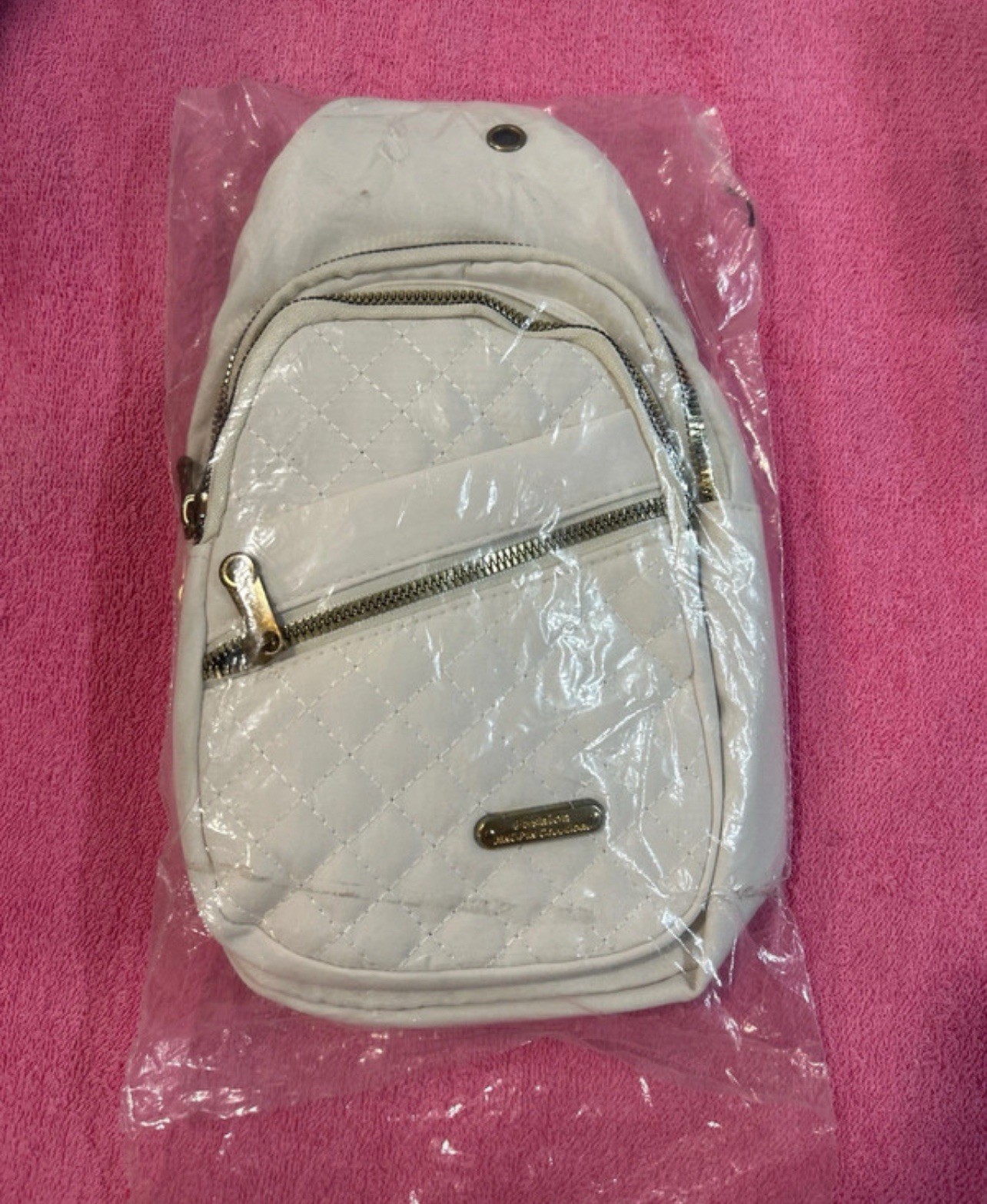 White Quilted Sling Crossbody Bag Zip Top, Adjustable Strap, Gold Hardware