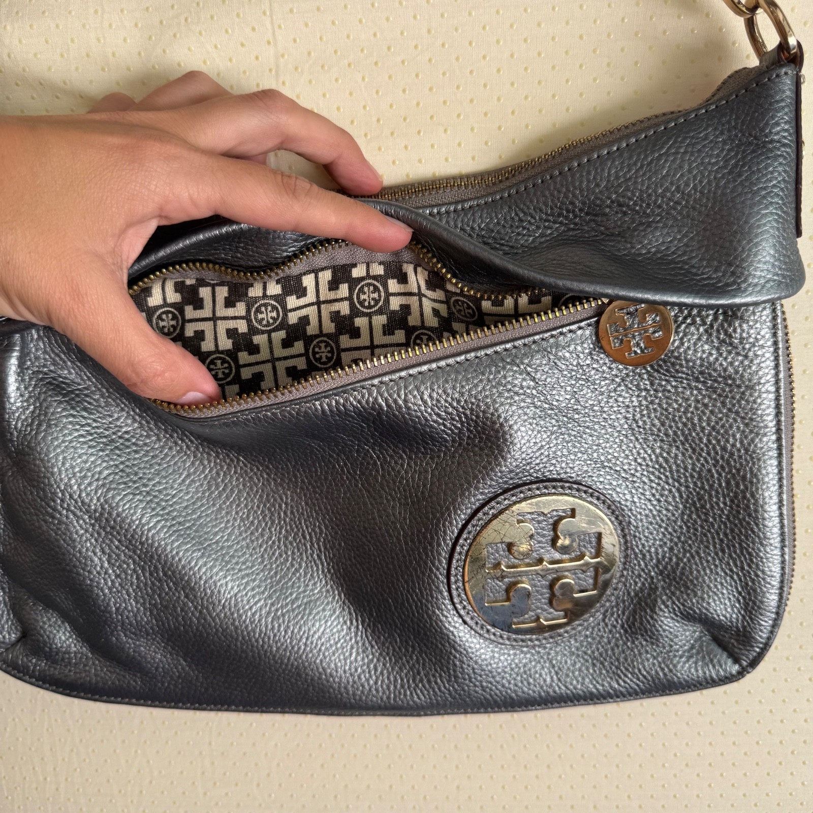 Tory Burch Dark Silver Pebbled Leather Shoulder Bag w/ Gold Accents