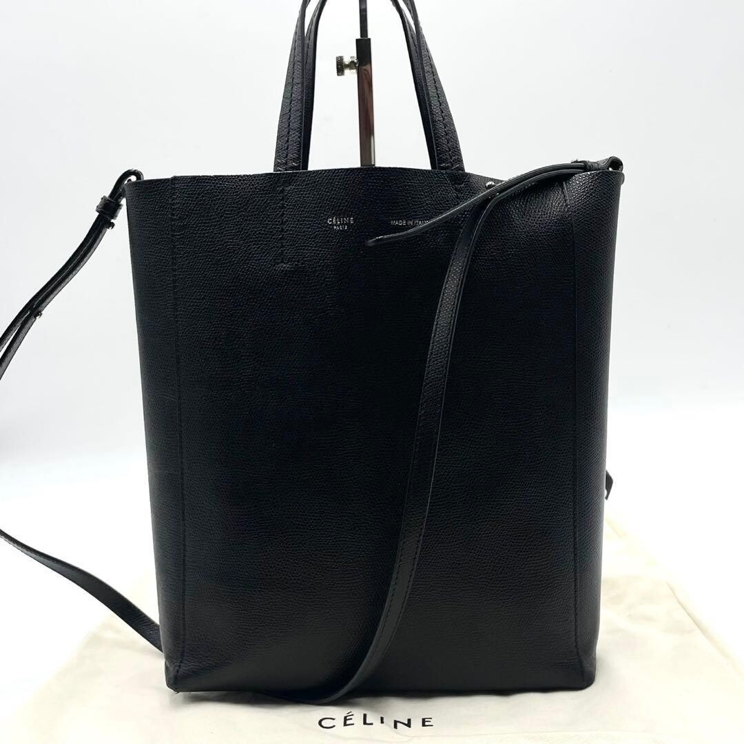 CELINE Vertical Cabas Small Black Leather 2Way Hand Shoulder Bag Dust Bag Auth