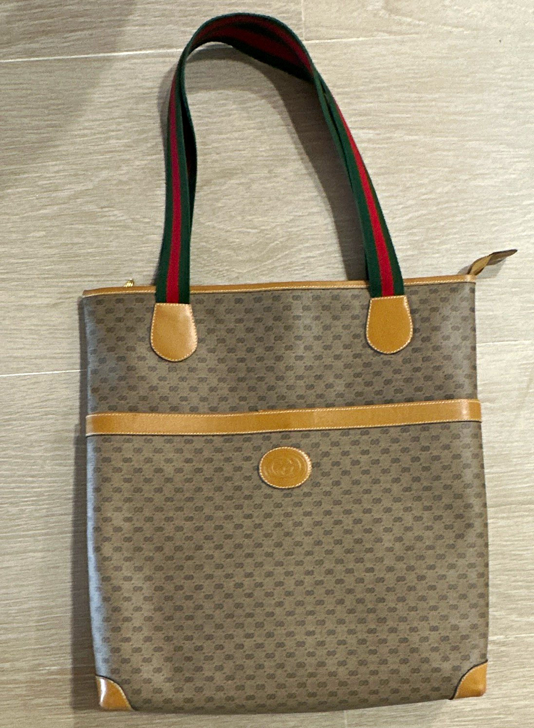 Vintage Gucci Micro GG Canvas Shopper Tote Beige Brown Web Stripe Zip Top