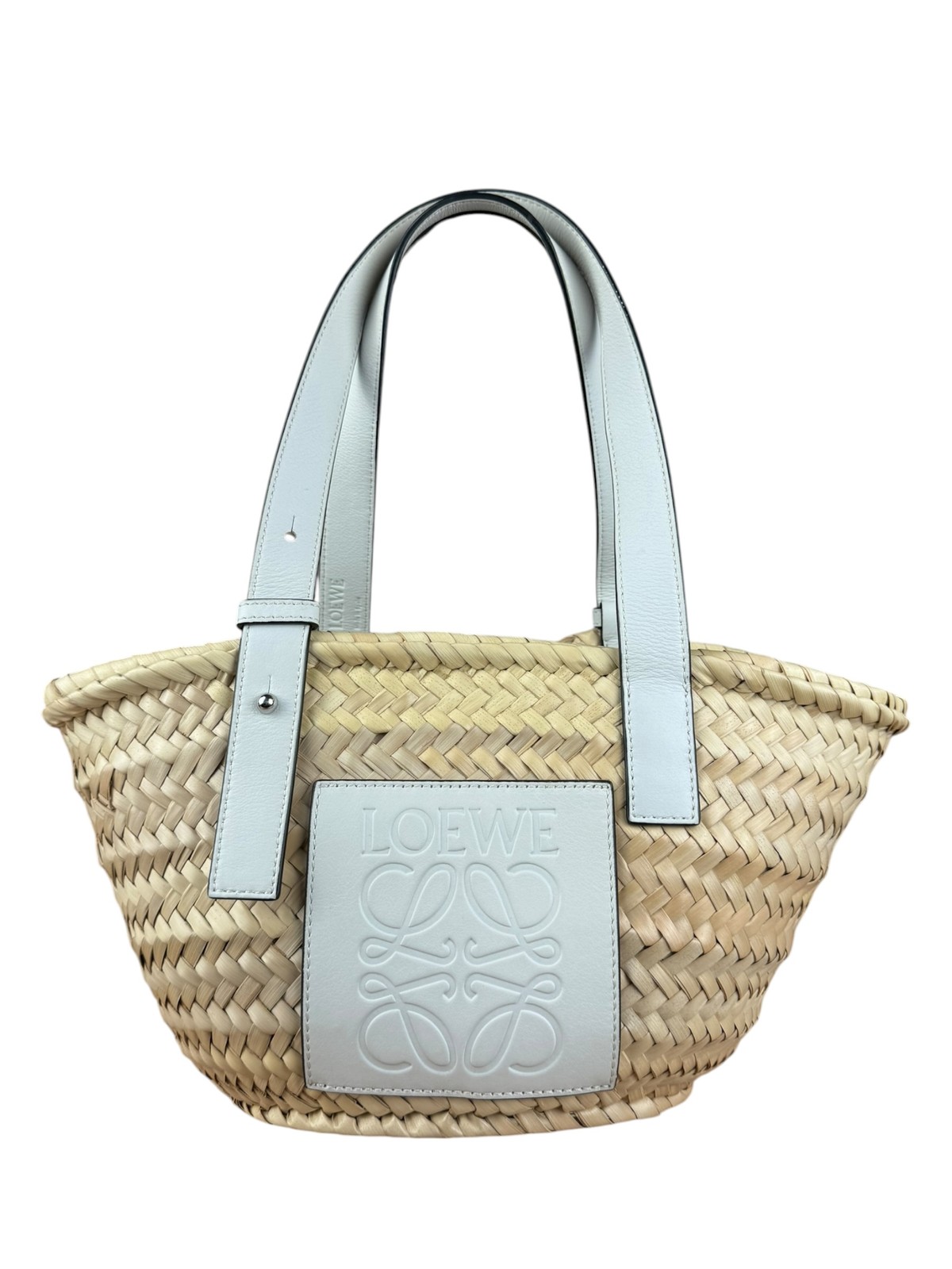Size S – Loewe White Leather Raffia Basket Bag / Pre-Owned
