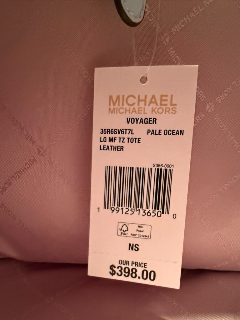 Michael Kors Large Zip Tote Pale Ocean Gold Hardware Hang Tag Inner Pockets