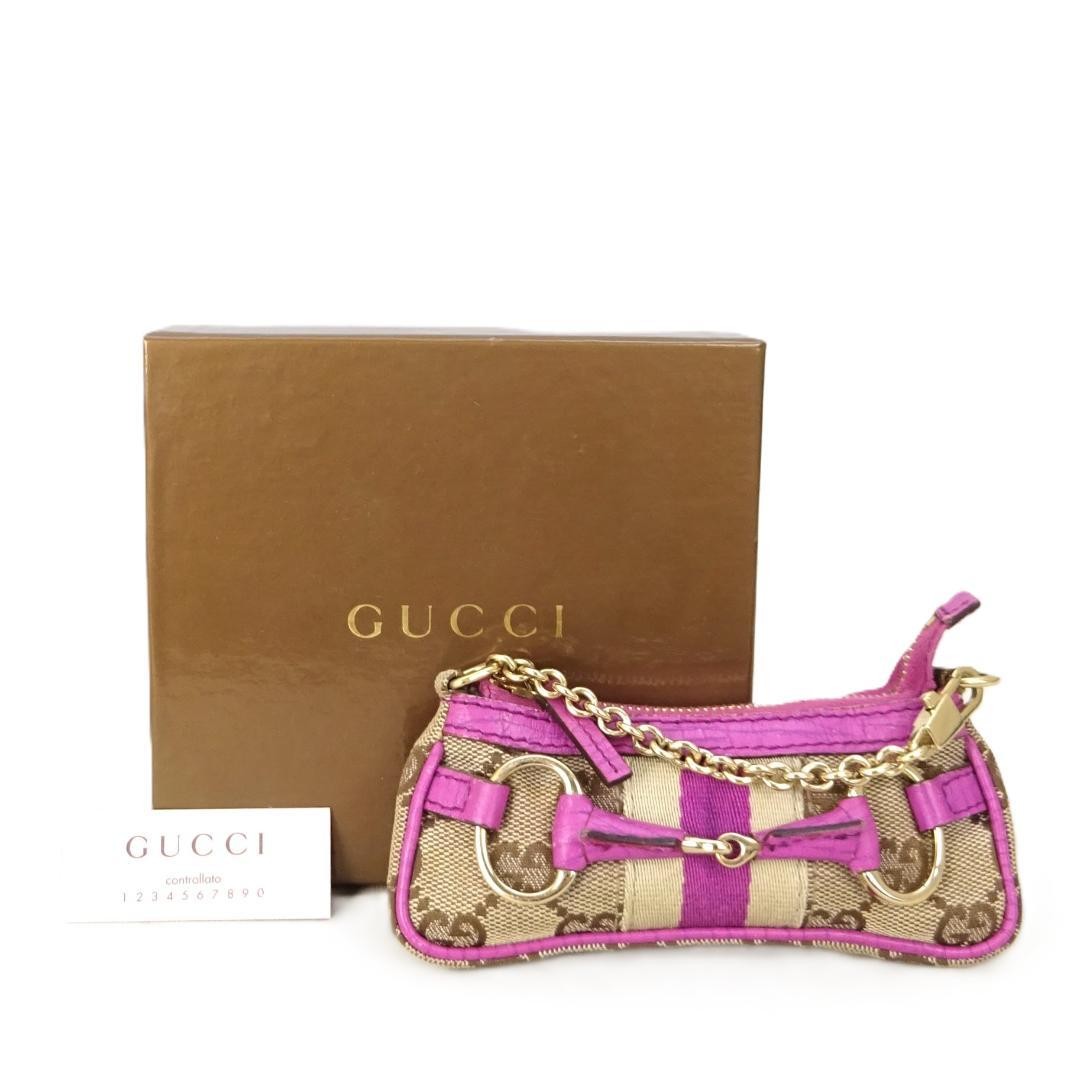 GUCCI Horsebit GG Canvas Leather Chain Pouch Accessory Bag Beige Charm Used
