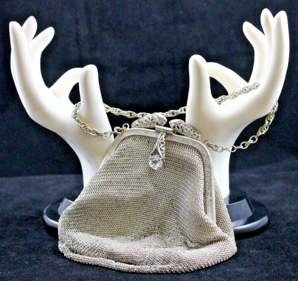 Antique 1945-’55 Silver Mesh U.S. Zone Germany Evening Bag Jeweled Purse NICE