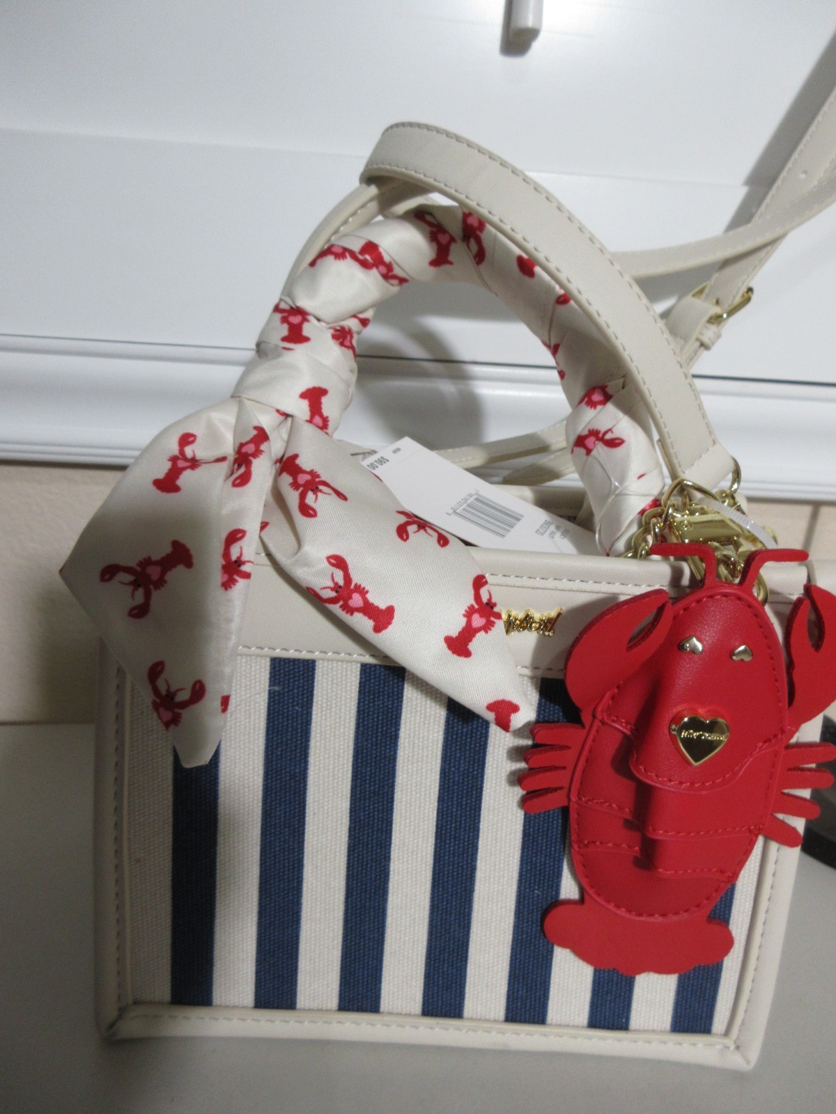 BETSY JOHNSON LOBSTER BLUE/CREAM STRIPE SHOULDER BAG XOLUCY NWT