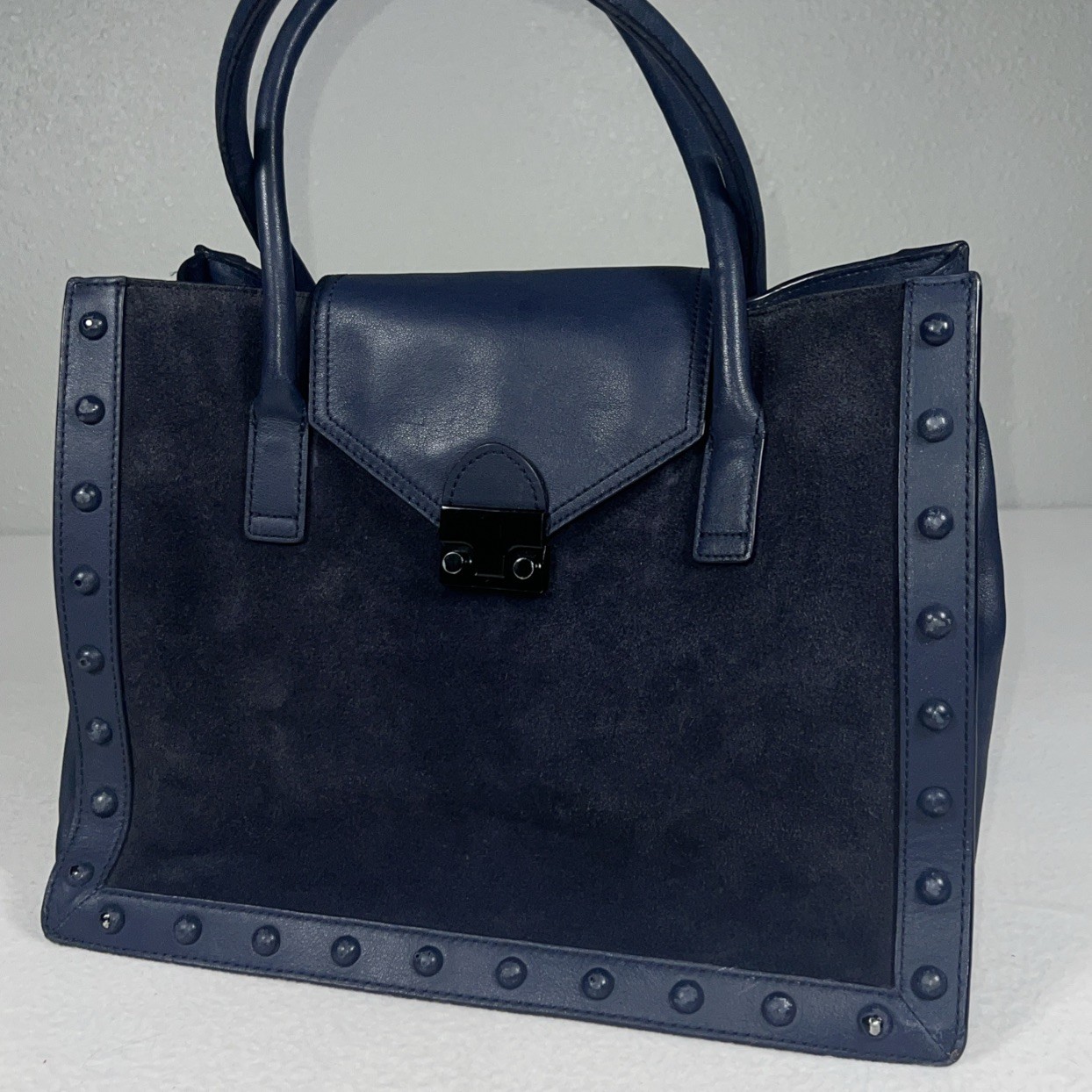 Loeffler Randall Blue Suede Leather Lock Tote Shoulder Bag Studded Women’s