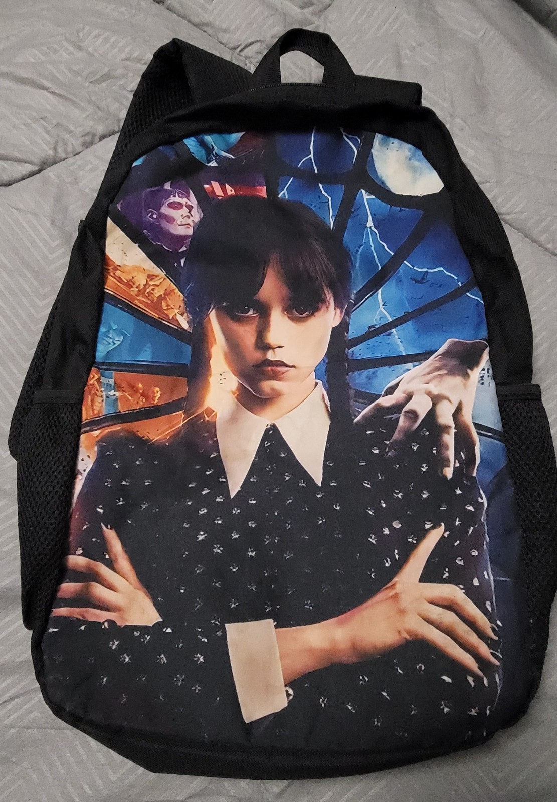 Wednesday Addams Print Backpack 17″ With Side Pockets & 1 Inside Pocket