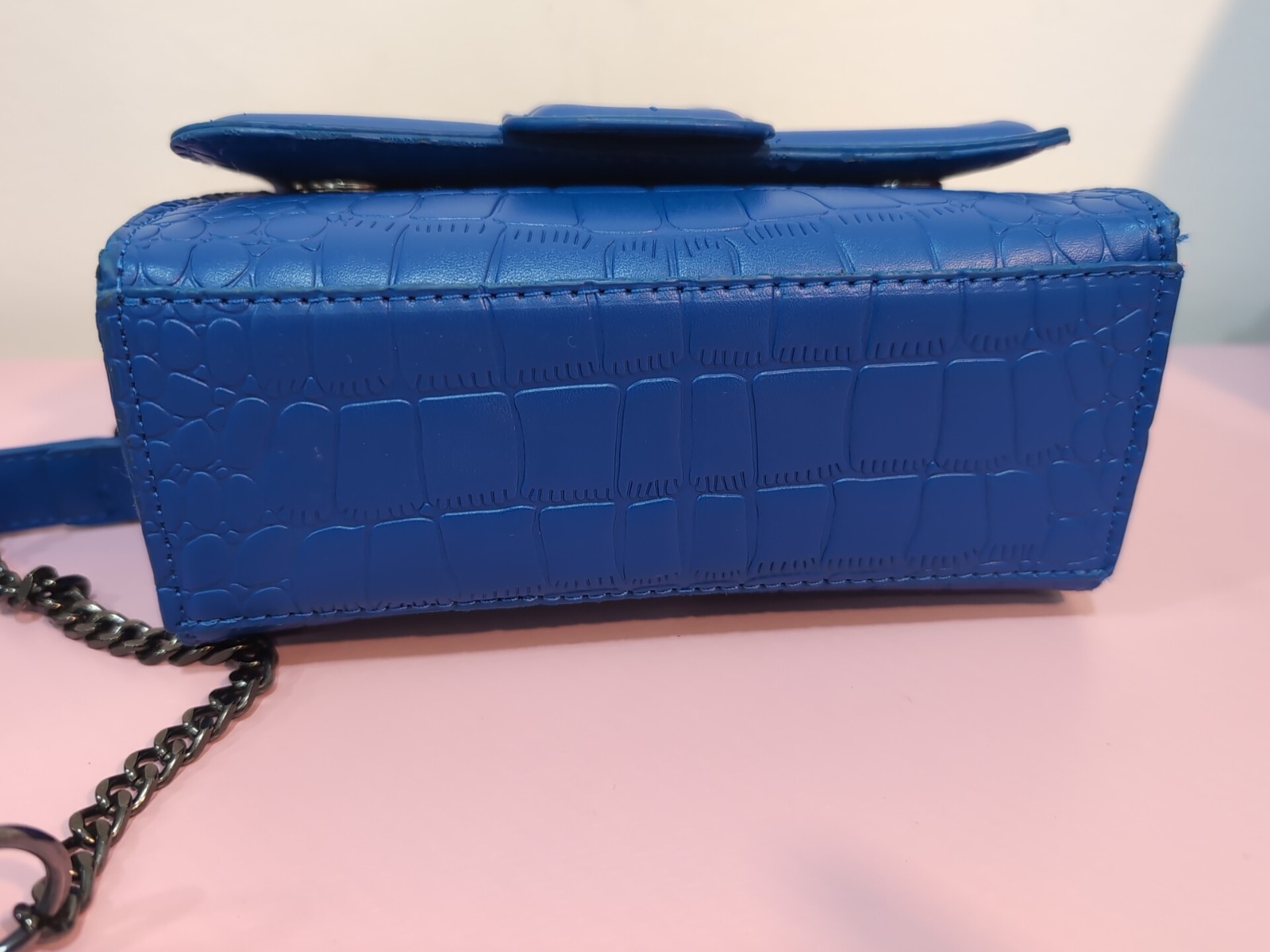 Royal Blue Embossed Small Crossbody Bag w/Chain Strap Top Handle Coquette Y2K