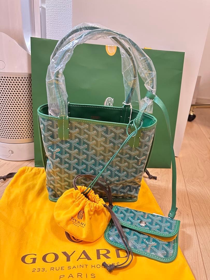 Goyard Anjou Mini Tote Bag Pouch Green Reversible Hand Purse Calf Auth New tag