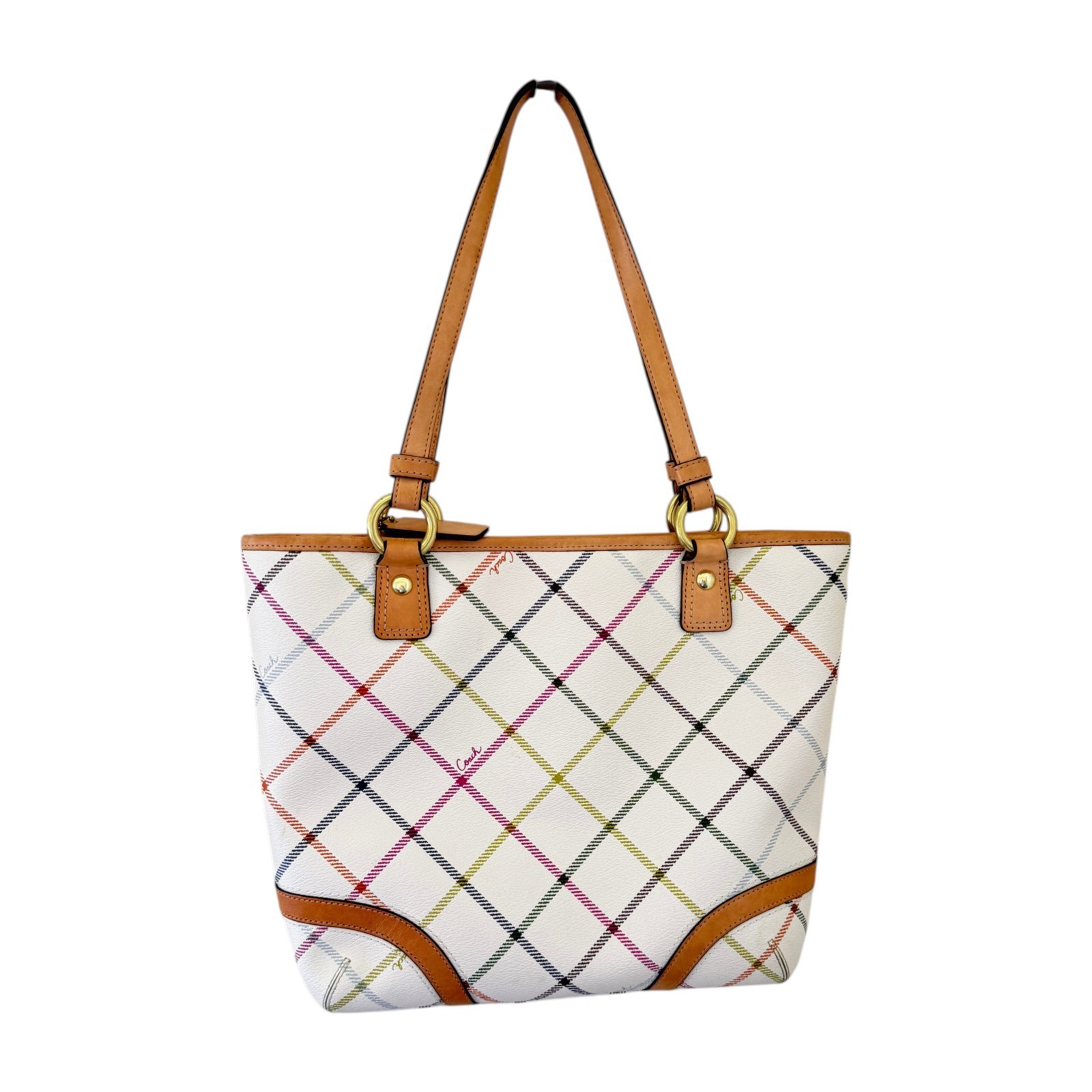 Coach Peyton Multi-Color Tattersall Plaid Coated Canvas with leather trim 14×10