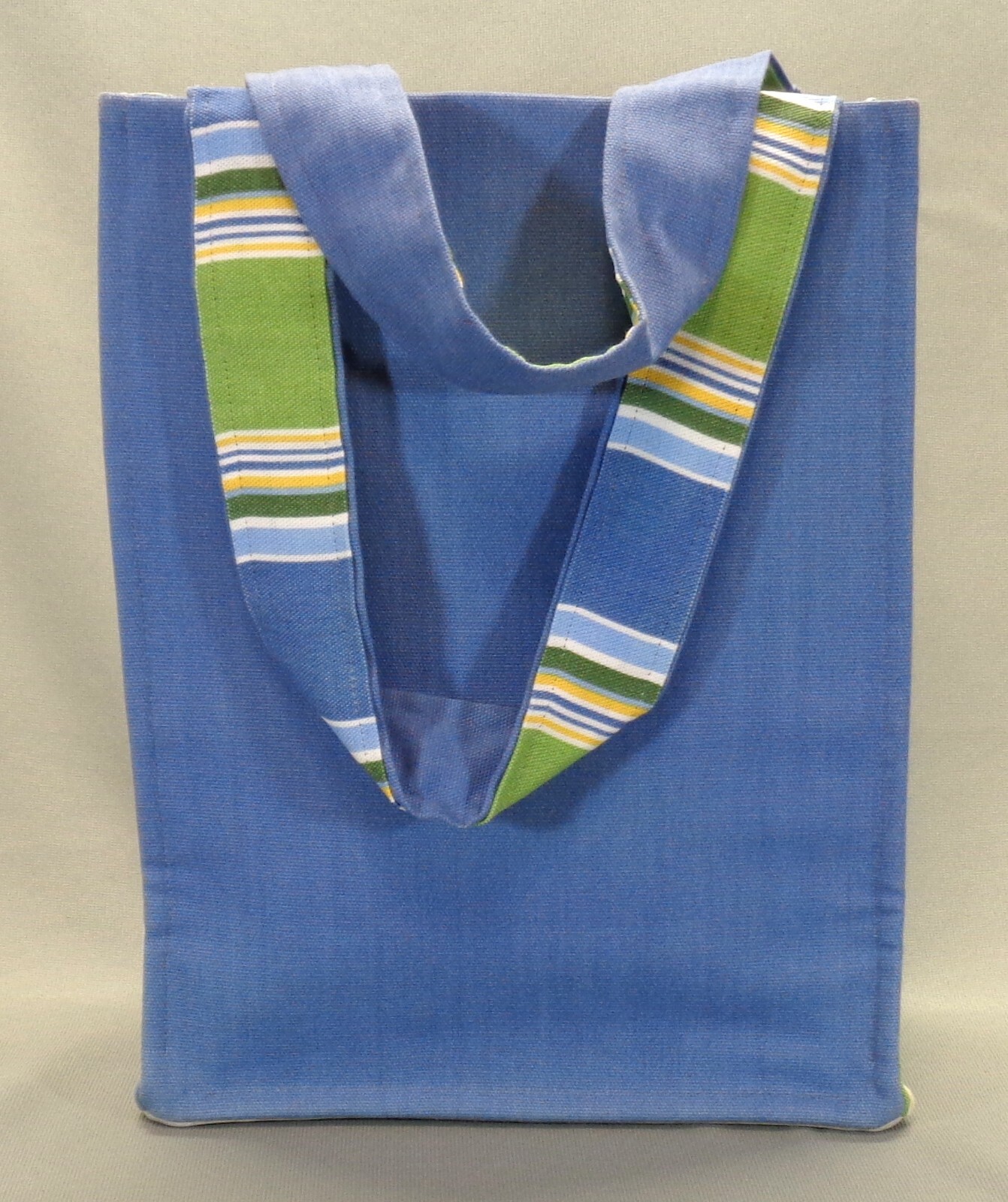 NEW Handmade Tote Purse Self-Standing Bag Medium Blue with Blue & Green Stripes