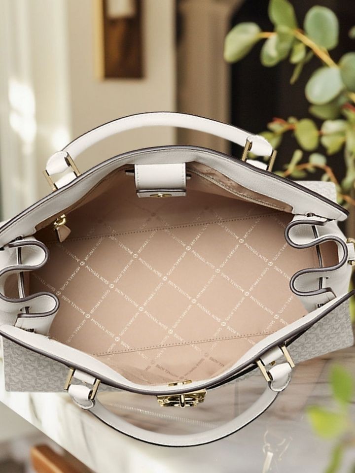 Michael Kors Hamilton Women Medium MK Logo Print Satchel Bag Light Cream Multi
