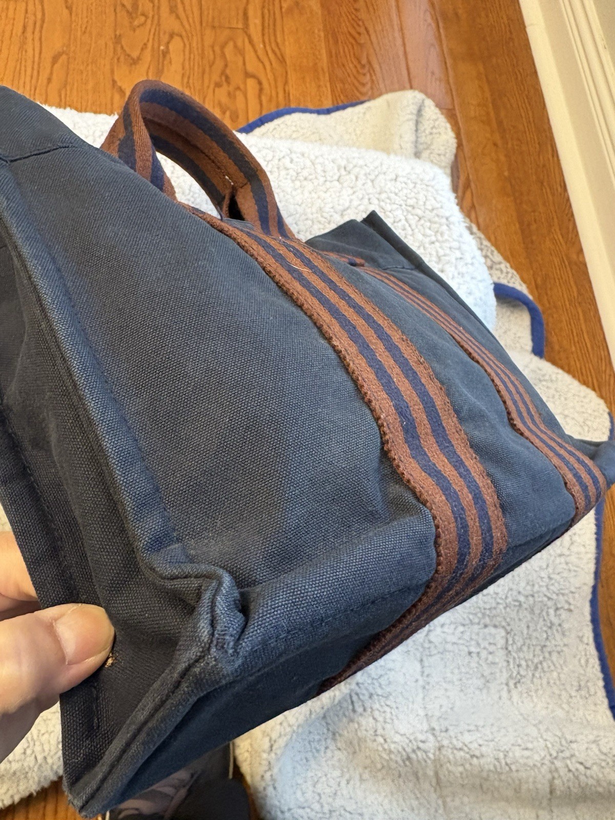Hermes FOURRE-TOUT PM Canvas Tote Bag Navy Blue Brown Trim France AUTH