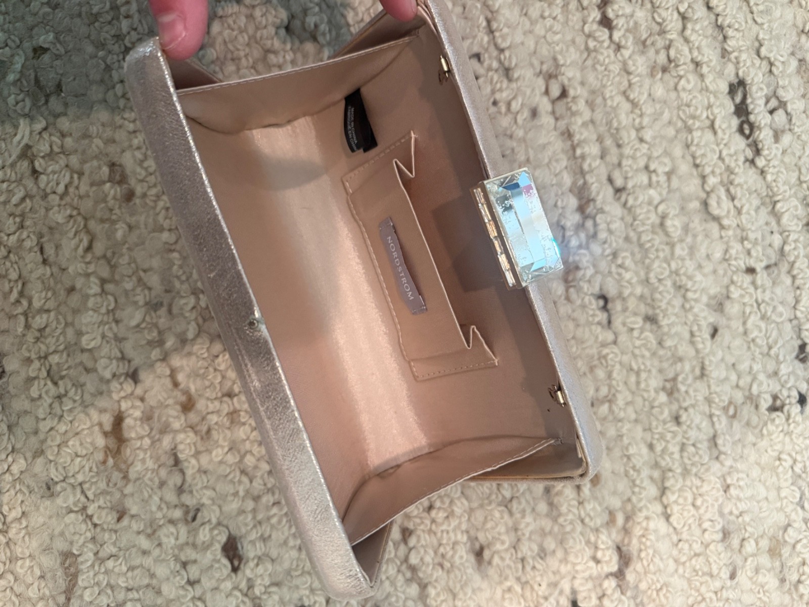 Nordstrom Champagne Silver Gold Metallic Box Clutch Evening Bag Crystal Accent