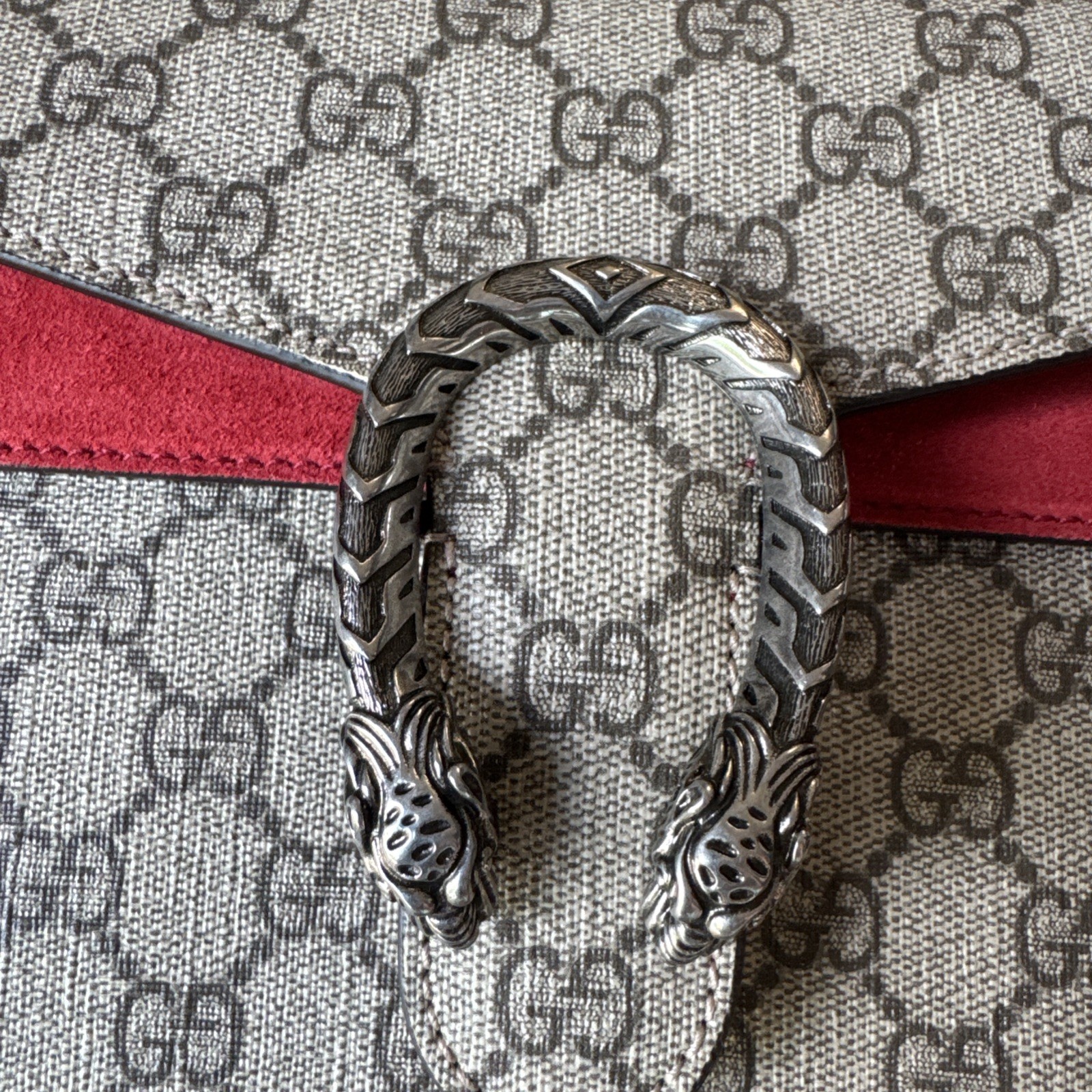 Gucci Dionysus Small GG Supreme Chain Bag Beige Canvas Red Suede Silver Hardware