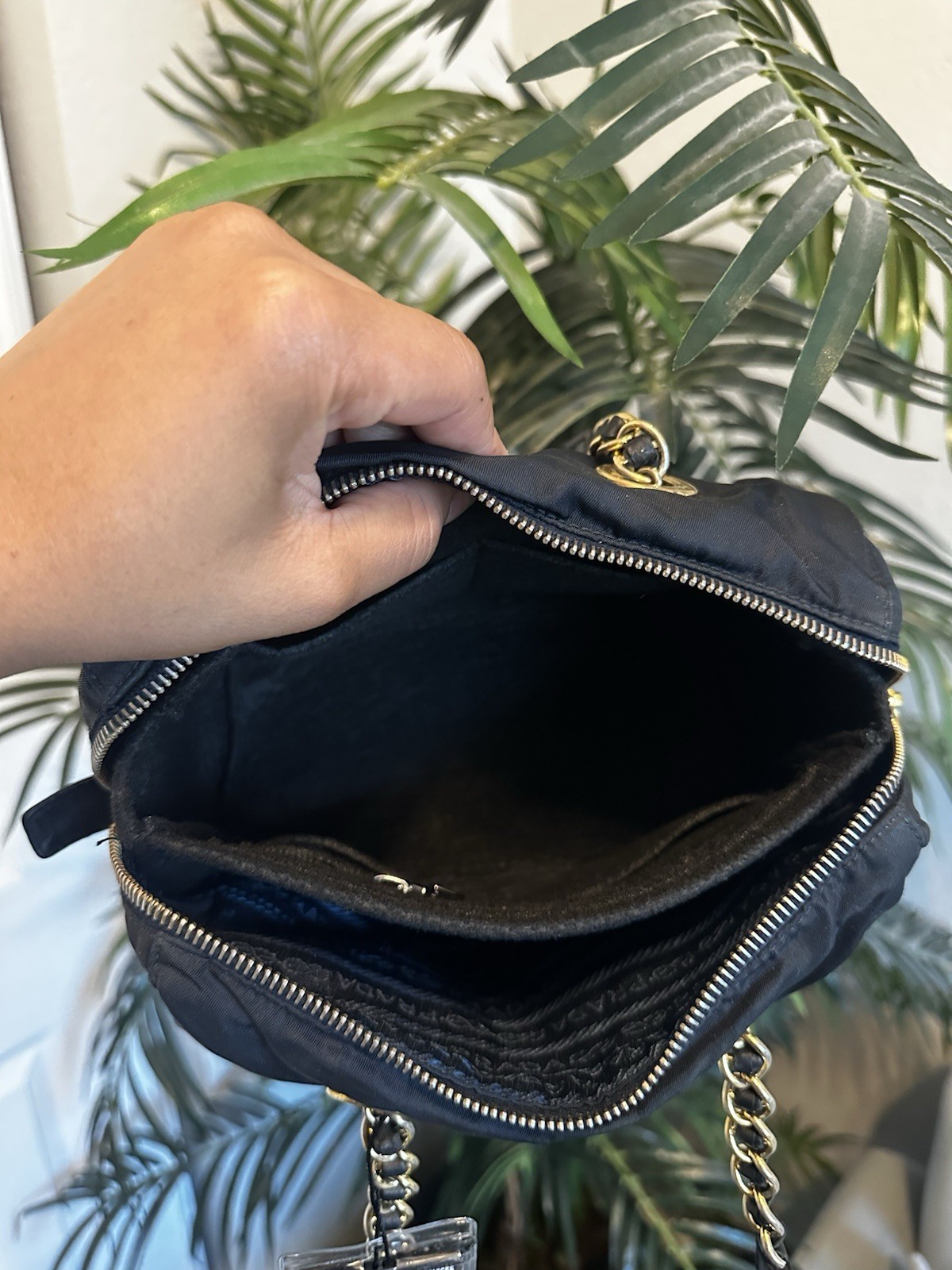 PRADA Black Satchel Bag Gold Hardware Chain Accent Double Handles Zip, Pockets