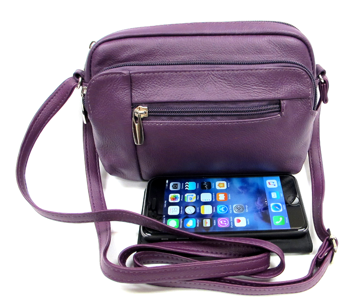 Genuine Leather Small Size Cross Body Every Day Purse 3 Zipper – Black, Purple