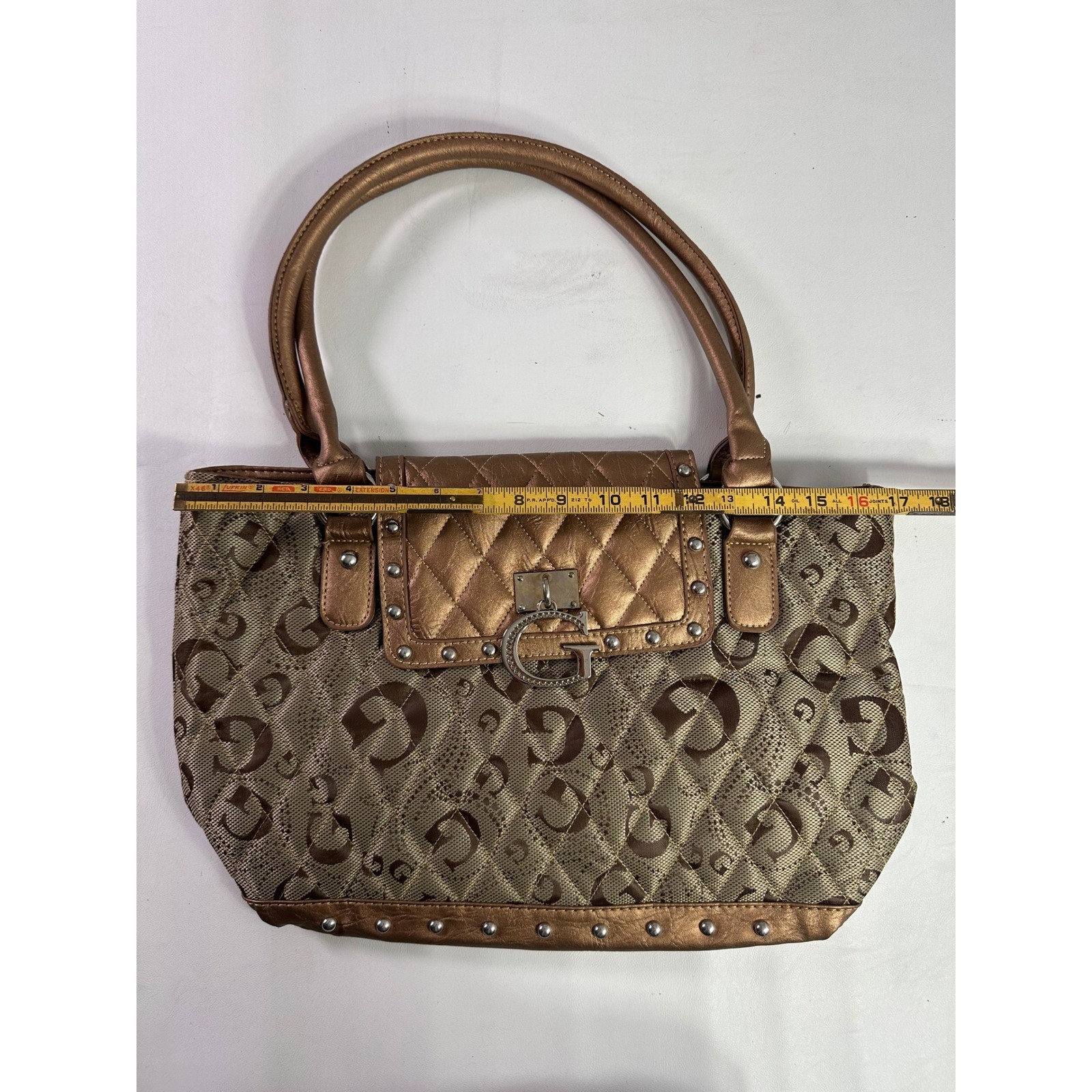 Guess Bronze Monogram Quilted Studded Purse Shoulder Bag Metallic Y2K Glam Logo
