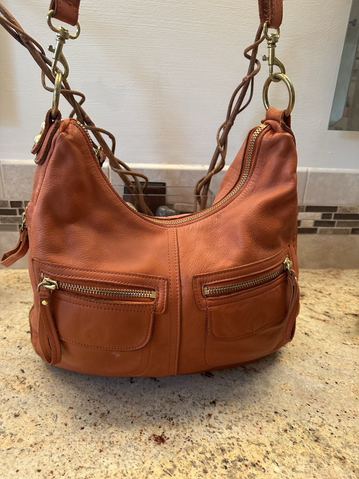 Linea Pelle Orange Leather Zippers Luxury Gold Hardware Purse Bag Pockets